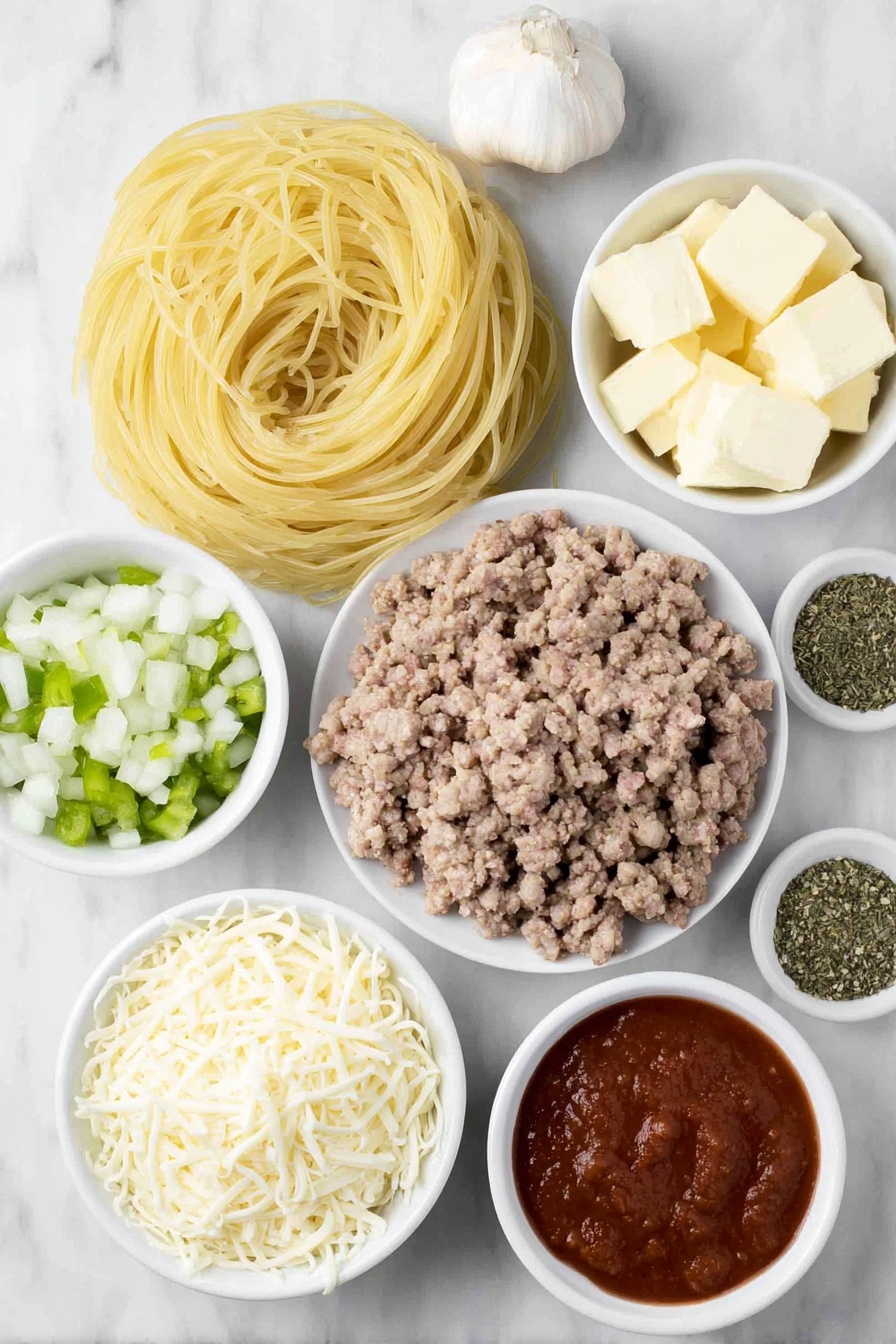 Flat lay of cooked al dente spaghetti noodles neatly twirled, a mound of fresh ground beef crumbles, a small white ceramic bowl of finely diced white onion, a small white ceramic bowl with finely diced green bell pepper, a small white ceramic bowl with golden unsalted butter cubes, four whole uncracked garlic cloves, a small white ceramic bowl of rich red marinara sauce, a small white ceramic bowl of heavy cream, a small white ceramic bowl of shredded parmesan cheese, a small white ceramic bowl of shredded mozzarella cheese, a small white ceramic bowl with a mix of dried herbs and spices including cajun seasoning, garlic powder, onion powder, dried Italian seasoning, kosher salt, black pepper, and a small white ceramic bowl of dried parsley flakes placed symmetrically around the ingredients, all components fresh and natural, simple white ceramic bowls, no bottles, no duplicates, no utensils, no packaging, perfect proportion and balance -- all placed on a clean white marble surface, soft natural light, photo taken with an iPhone, professional food photography style, fresh ingredients, white ceramic bowls, no bottles, no duplicates, no utensils, no packaging --ar 2:3 --v 7 --p m7354615311229779997 - Creamy Parmesan Spaghetti Bake, Italian pasta bake with Alfredo sauce, cheesy baked spaghetti recipe, hearty pasta casserole, easy pasta bake dinner
