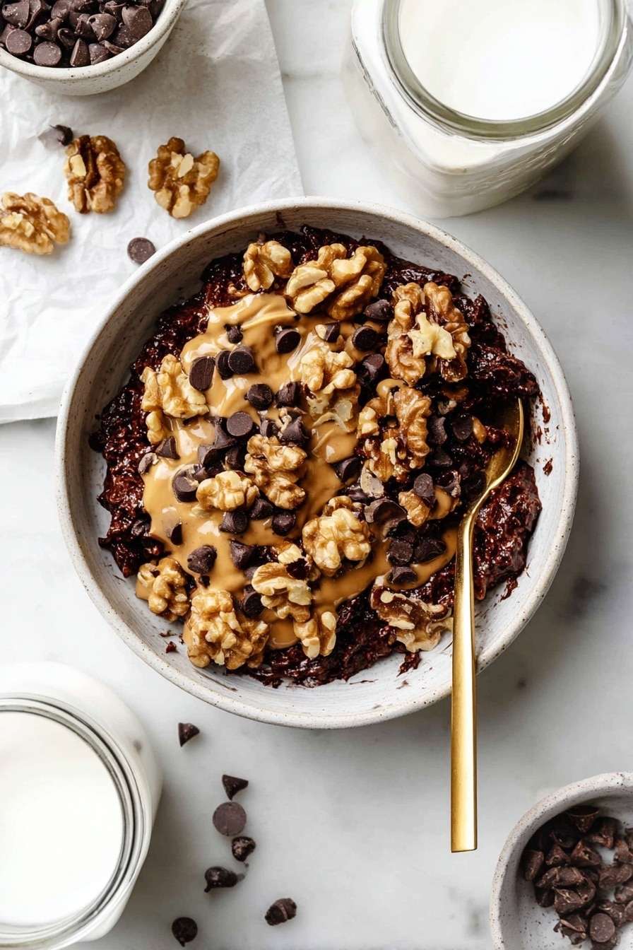 A bowl with a dark chocolate base that looks dense and chunky forms the bottom layer. On top, there are many whole light brown walnut pieces scattered throughout and resting on the chocolate base. A creamy, light brown peanut butter sauce is drizzled across the surface, with small dark chocolate chips sprinkled evenly on top. A golden spoon is inside the bowl on the right side, slightly buried in the chocolate and nuts. The bowl is placed on a white marbled surface with some chocolate chips scattered nearby, and there are other white bowls and a jar of milk partly visible around it. photo taken with an iphone --ar 2:3 --v 7 - Chocolate Brownie Oatmeal Bake, healthy chocolate breakfast, easy oatmeal bake, indulgent breakfast recipes, wholesome dessert-style oatmeal