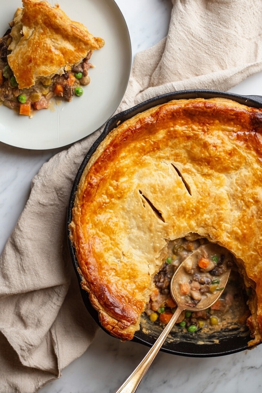 The image shows a round pie in a black skillet with a golden brown, flaky crust on top. The crust has a few small slits that reveal the darker filling inside. A spoon is scooping out some of the filling, which looks creamy and thick with pieces of carrots, peas, mushrooms, and small chunks of meat, showing different shades of brown and orange. A slice of the pie is placed on a white plate nearby, showing the creamy filling held between the top crust and a slightly browned bottom crust. The entire setup is on a white marbled surface with a beige cloth underneath the skillet. photo taken with an iphone --ar 2:3 --v 7 - Vegan Mushroom Pot Pie, vegan savory pie, plant-based mushroom pie, dairy-free mushroom pot pie, vegan comfort food