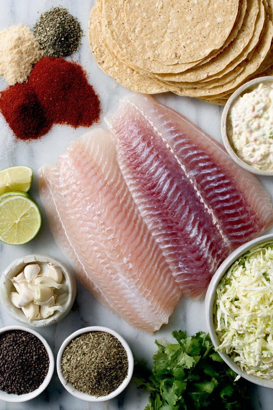 Flat lay of fresh raw tilapia fillet with skin removed, a small mound of bright red chili powder, a pinch of dried oregano leaves, a small pile of pale garlic powder, a heap of deep red paprika, a tiny heap of cayenne powder, a small pile of onion powder, a spoonful of ground cumin, coarse sea salt crystals in a small white ceramic bowl, whole black cracked peppercorns in a small white ceramic bowl, a small white ceramic bowl filled with fresh cole slaw mix of shredded cabbage and carrots, a small white bowl with creamy mayonnaise, a small white bowl with freshly squeezed lime juice, a peeled garlic clove, a small heap of vibrant green chopped cilantro, whole uncracked brown corn tortillas arranged neatly, and a halved fresh lime resting nearby, all arranged in perfect symmetry on a clean white marble surface, soft natural light, photo taken with an iPhone, professional food photography style, fresh ingredients, white ceramic bowls, no bottles, no duplicates, no utensils, no packaging --ar 2:3 --v 7 --p m7354615311229779997 - Air Fryer Fish Tacos with Cilantro Lime Slaw, healthy fish tacos, quick fish taco recipe, crispy air fryer fish, easy seafood dinner