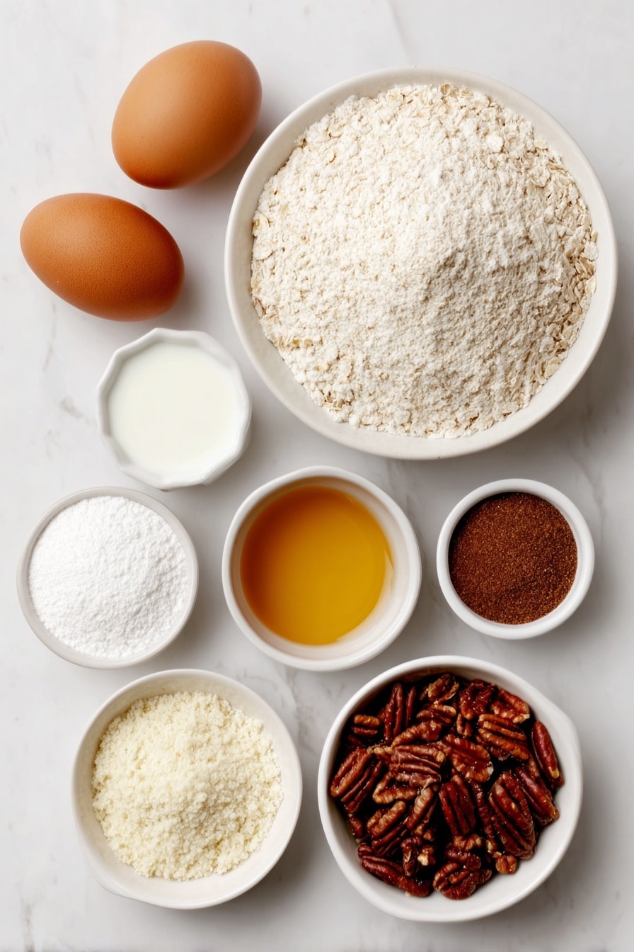 Flat lay of a small mound of old fashioned oats, a small white ceramic bowl of ground cinnamon, a small white ceramic bowl of baking powder, a small white ceramic bowl of salt, a small white ceramic bowl of milk, a small white ceramic bowl of unsweetened applesauce, two whole uncracked large brown eggs, a small white ceramic bowl of amber maple syrup, a small white ceramic bowl of clear vanilla extract, a pile of fresh chopped red and green apple pieces, and a pile of chopped pecans, all arranged symmetrically on a clean white marble surface, soft natural light, photo taken with an iPhone, professional food photography style, fresh ingredients, white ceramic bowls, no bottles, no duplicates, no utensils, no packaging --ar 2:3 --v 7 --p m7354615311229779997 - Cinnamon Apple Baked Oatmeal, healthy baked oatmeal with apples, cozy breakfast ideas, easy make-ahead breakfast recipes, nourishing oatmeal breakfast