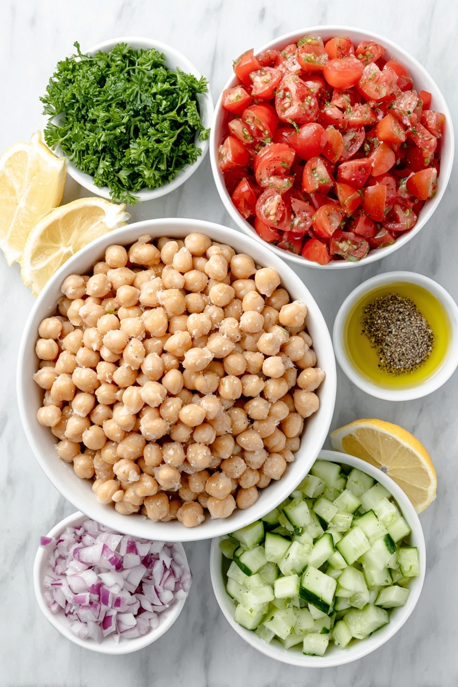 Flat lay of a small pile of fresh chickpeas, a handful of partially peeled diced cucumbers, a small heap of diced seeded tomatoes, a small mound of finely diced red onion, a few sprigs of bright green fresh parsley, a small white bowl of extra virgin olive oil, a small white bowl of fresh lemon juice, a small white bowl with kosher salt and freshly ground black pepper placed neatly, all arranged symmetrically on a simple white ceramic surface, placed on a clean white marble surface, soft natural light, photo taken with an iPhone, professional food photography style, fresh ingredients, white ceramic bowls, no bottles, no duplicates, no utensils, no packaging --ar 2:3 --v 7 --p m7354615311229779997 - Quick Chickpea Salad with Cucumber and Tomato, healthy chickpea salad, easy vegetarian salad, quick Mediterranean salad, fresh cucumber and tomato salad