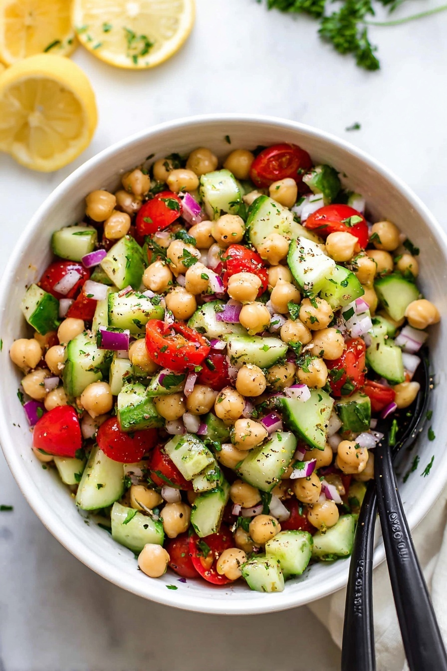 A white bowl filled with a fresh salad showing about four visible layers: the bottom layer is bright beige chickpeas, the next layer is made of medium-sized green cucumber chunks with darker green skin, followed by red tomato pieces, and small chopped purple onion mixed throughout. The salad is sprinkled with small bits of green herbs and black pepper. Two black serving spoons rest inside the bowl, angled toward the front. The bowl sits on a white marbled surface with some lemon halves and green parsley blurred in the background photo taken with an iphone --ar 2:3 --v 7 - Quick Chickpea Salad with Cucumber and Tomato, healthy chickpea salad, easy vegetarian salad, quick Mediterranean salad, fresh cucumber and tomato salad