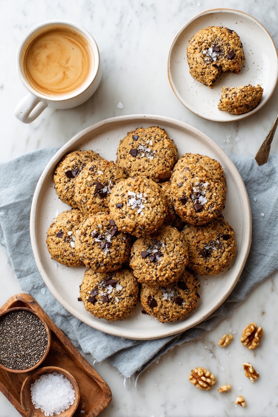 A white round plate holds thirteen thick, round cookies with a rough texture, golden brown in color, studded with scattered dark chocolate chips and sprinkled with coarse white salt on top. The plate sits on a soft blue cloth over a white marbled surface. In the top left corner, a white cup filled with light brown coffee with a swirled foam surface is visible. To the top right, a smaller white plate holds one and a half cookies, one broken to show the inside. On the bottom left, a small brown wooden tray contains light brown walnut pieces and a small white bowl filled with black and white chia seeds. Beside the tray, a small brown bowl is filled with coarse white salt. Scattered crumbs appear around the plates. Photo taken with an iphone --ar 2:3 --v 7 - Healthy Banana Breakfast Cookies, healthy breakfast cookies, nutritious banana cookies, easy healthy cookie recipes, wholesome breakfast snacks