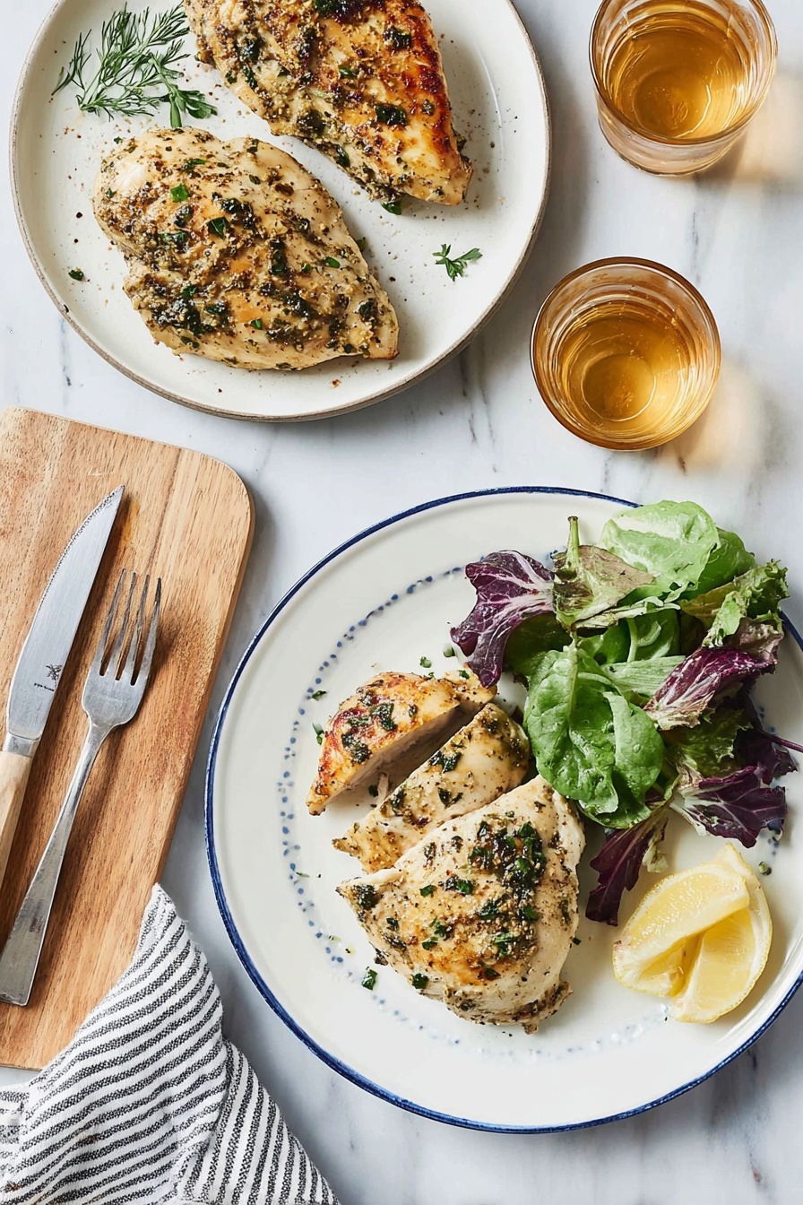 The image shows two white plates on a white marbled surface. The plate on the upper left holds three large, seasoned and cooked pieces of chicken, sprinkled with fresh green herbs, and appears juicy with some browning on the edges. Below it, a second white plate with a blue rim contains one piece of chicken with similar seasoning on the left half, and to the right, a small pile of mixed leafy greens with different shades of green and purple. Two lemon wedges sit at the bottom right of this plate. Next to the plates is a light wooden cutting board with a fork and a knife placed on it, along with two amber-colored glasses filled with a light golden liquid. A woman's hand holding a striped cloth is partially visible on the lower left. The background and surface are white marble. photo taken with an iphone --ar 2:3 --v 7 - Stuffed Chicken Breasts with Mushrooms and Goat Cheese, stuffed chicken breast recipes, mushroom stuffed chicken, goat cheese chicken, easy elegant chicken dinner