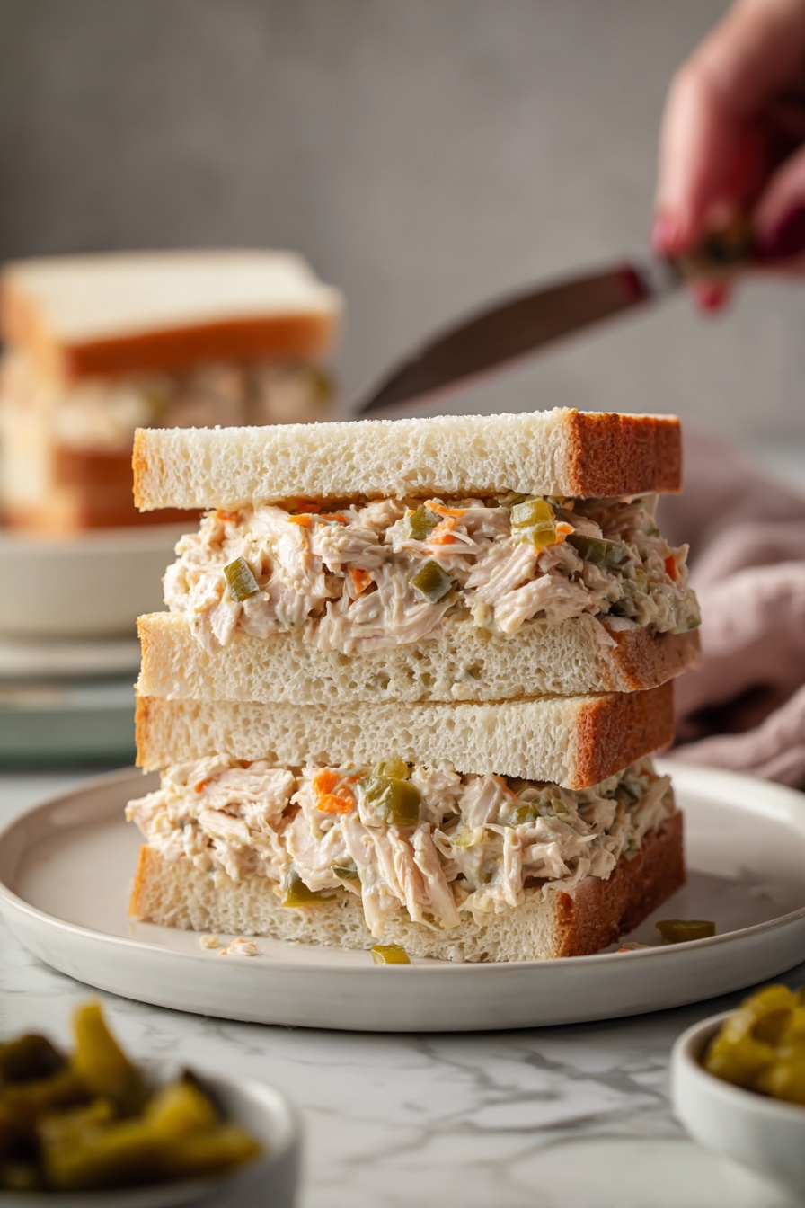 The image shows a sandwich cut in half and stacked on a white round plate. The sandwich has three layers from bottom to top: soft white sandwich bread with a fluffy texture, a thick layer of shredded cooked chicken mixed with small pieces of orange and green pickled vegetables, and another piece of white sandwich bread on top. Some filling spills out slightly from the sides, showing the moist and tender texture of the chicken and vegetables. In the background, more sandwiches and a small bowl with pickled vegetables can be seen on a white marbled surface. Woman's hand holding a knife is visible near the plate. The overall scene is warm and inviting, with soft lighting. photo taken with an iphone --ar 2:3 --v 7 - Slow Cooker Italian Chicken Sandwiches, Italian chicken sandwiches, easy slow cooker chicken recipes, flavorful chicken sandwiches, summer dinner ideas