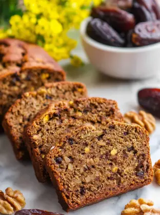 A close-up of four slices of brown nut bread lined up diagonally on a white marbled surface. Each slice shows a dense texture with visible dark brown nuts and darker bits inside the bread. Around the slices are loose whole walnuts and dark brown dried dates scattered. In the background, there is a white bowl filled with more dried dates and a soft-focused cluster of yellow flowers. The scene is bright and natural. photo taken with an iphone --ar 2:3 --v 7 - Date Nut Bread with Walnuts, healthy date bread recipe, moist nut bread, easy homemade bread, sweet walnut bread