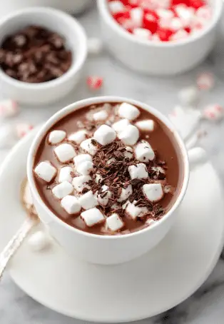 A white cup filled with rich, dark hot chocolate sits on a white saucer on a white marbled surface. The hot chocolate is topped with two layers: a thick layer of small white marshmallows covering the entire surface, and a generous sprinkle of dark chocolate shavings mostly on one side of the marshmallows. In the background, there are two blurred white bowls, one containing red and white candy pieces, and the other with more dark chocolate shavings. A spoon with a gold handle rests on the saucer. photo taken with an iphone --ar 2:3 --v 7 - Creamy Homemade Hot Chocolate, homemade hot chocolate recipe, rich hot chocolate, easy hot chocolate, velvety hot cocoa