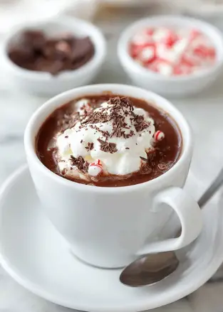 A white cup filled with dark brown hot chocolate topped with a thick layer of white whipped cream covered in small dark chocolate shavings, placed on a white saucer holding a silver spoon. In the blurry background, there are small white bowls with brown chocolate pieces and red and white peppermint candies, all resting on a white marbled surface. photo taken with an iphone --ar 2:3 --v 7 - Creamy Homemade Hot Chocolate, homemade hot chocolate recipe, rich hot chocolate, easy hot chocolate, velvety hot cocoa