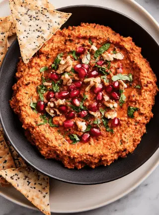 A white plate holds a smaller black bowl filled with a thick reddish-orange dip that has a coarse, textured surface. On top of the dip, scattered chopped green herbs, bright red pomegranate seeds, and small pieces of crushed walnuts add color and texture. Two triangular, lightly golden crackers with sprinkled black and white seeds rest partially dipped into the bowl on the left side. The scene is set on a white marbled surface. Photo taken with an iphone --ar 2:3 --v 7 - Easy Muhammara Roasted Red Pepper Dip, roasted red pepper dip, Muhammara dip, spicy walnut dip, Middle Eastern appetizer