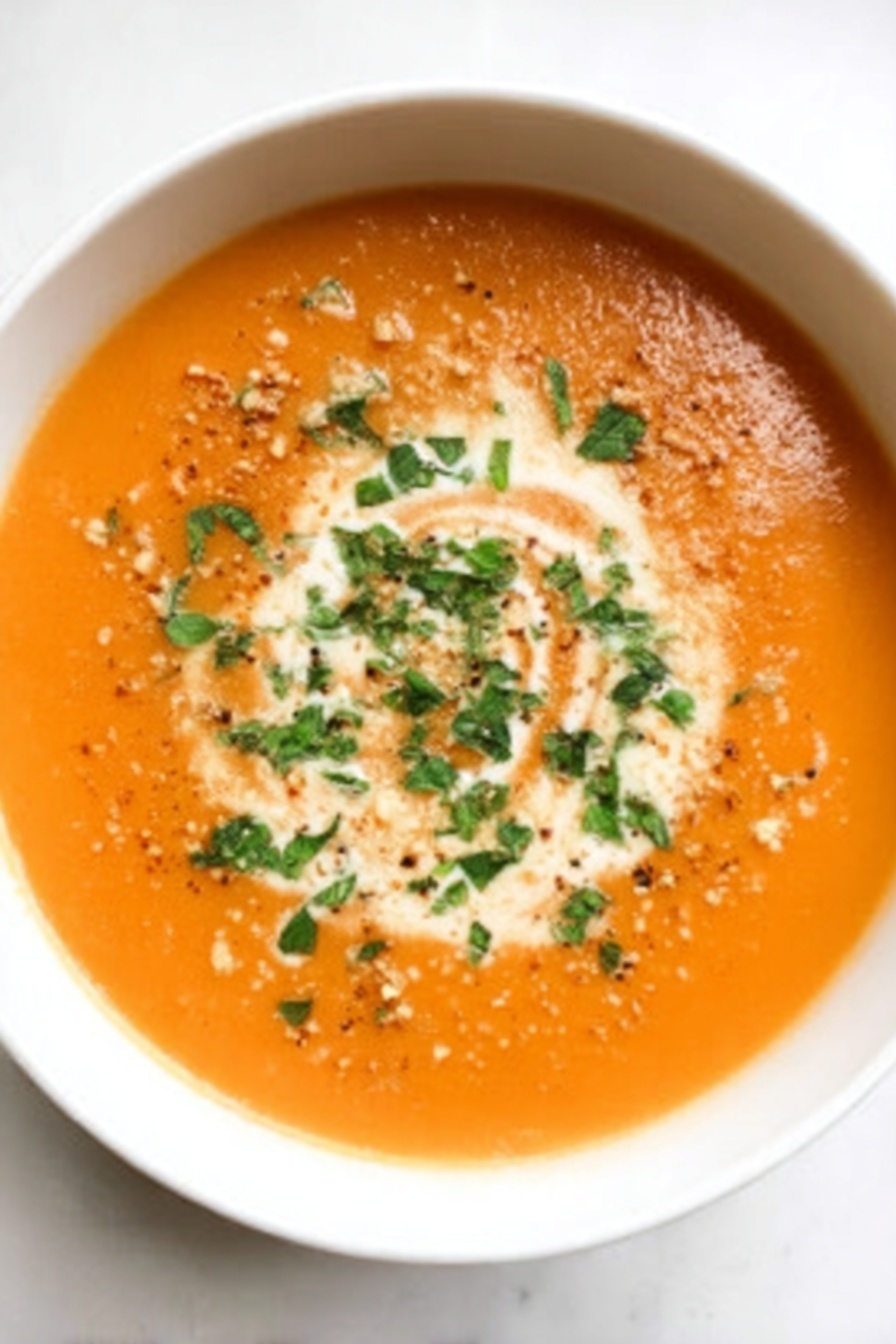 The image shows a white bowl filled with smooth orange soup, topped with a swirl of cream in the center. Around the cream, small green herb leaves are sprinkled evenly, along with a light scattering of crushed nuts or seeds. The soup surface looks creamy and slightly shiny, set on a white marbled background. photo taken with an iphone --ar 2:3 --v 7 - Creamy Tomato Basil Soup with Parmesan, tomato basil soup, creamy tomato soup, Parmesan basil soup, easy tomato soup