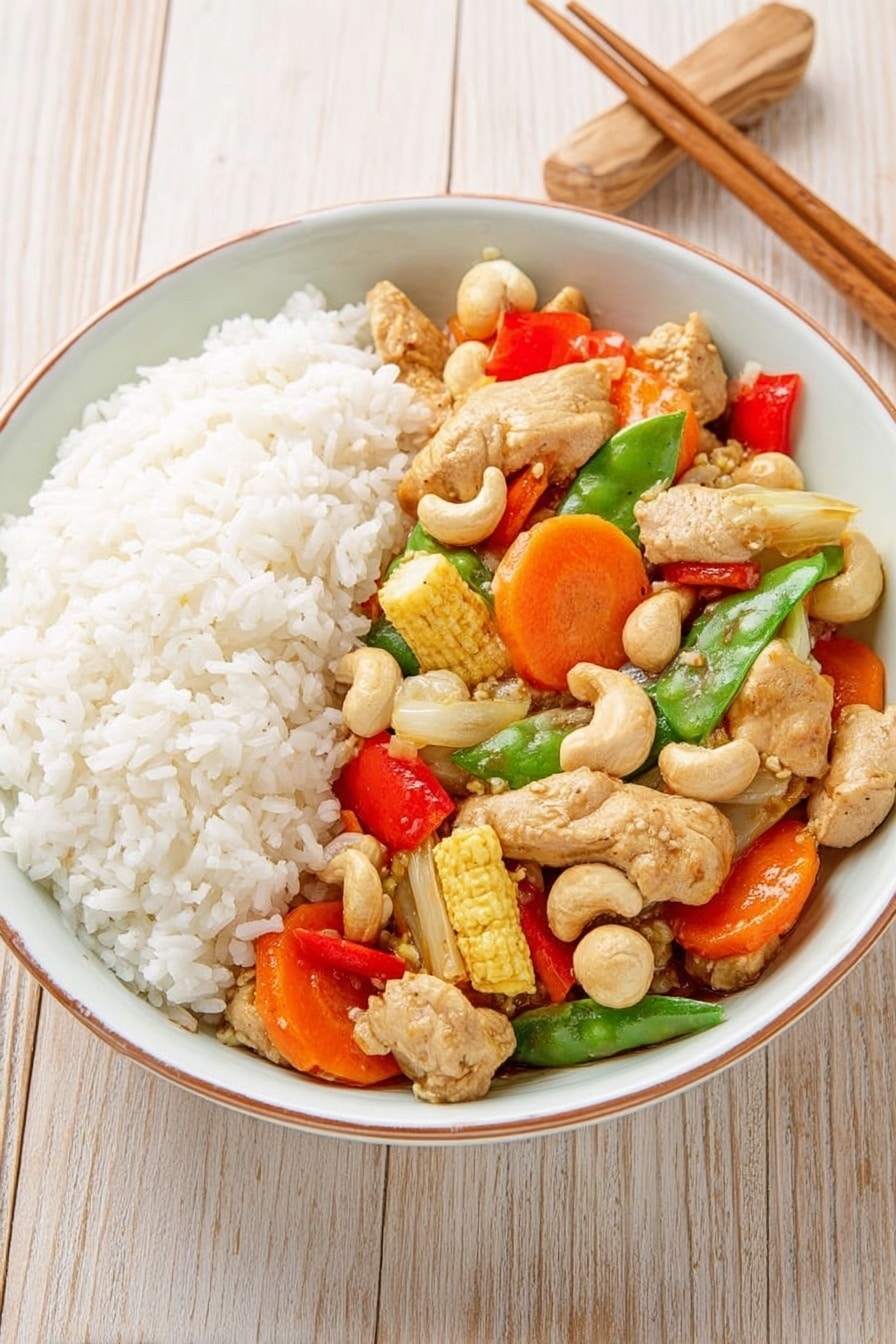 The image shows a white bowl filled with two main layers: on the left side, there is a mound of fluffy white rice with a soft texture, and on the right side, a colorful stir-fry mix sits next to it. The stir-fry layer has chunks of light brown cooked chicken mixed with bright orange carrot slices, pale yellow baby corn, rounded off-white water chestnuts, green snap peas, and scattered beige cashew nuts. Small red bell pepper pieces add pops of color throughout the stir-fry. The bowl is placed on a light wooden textured surface with a pair of chopsticks resting nearby on the right side. photo taken with an iphone --ar 2:3 --v 7 - Easy Chicken Stir Fry, Chicken Stir Fry, quick stir fry recipe, healthy chicken dinner, easy weeknight stir fry