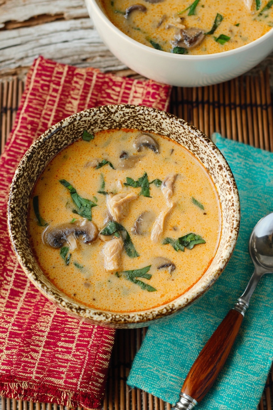 A creamy soup with a light orange color fills a white speckled bowl, dotted with pieces of mushrooms, small chunks of meat, and green herb leaves spread through the broth. The bowl rests on a blue and orange patterned cloth, placed on top of a brown bamboo mat. A spoon with a wooden handle is set on the right side of the bowl. In the top part of the image, there is a white bowl filled with more of the same soup. The surface beneath everything has a white marbled texture. Photo taken with an iphone --ar 2:3 --v 7 - 30-Minute Tom Kha Gai Thai Coconut Chicken Soup, Thai coconut chicken soup, quick Thai soup, easy Tom Kha Gai recipe, authentic Thai chicken soup