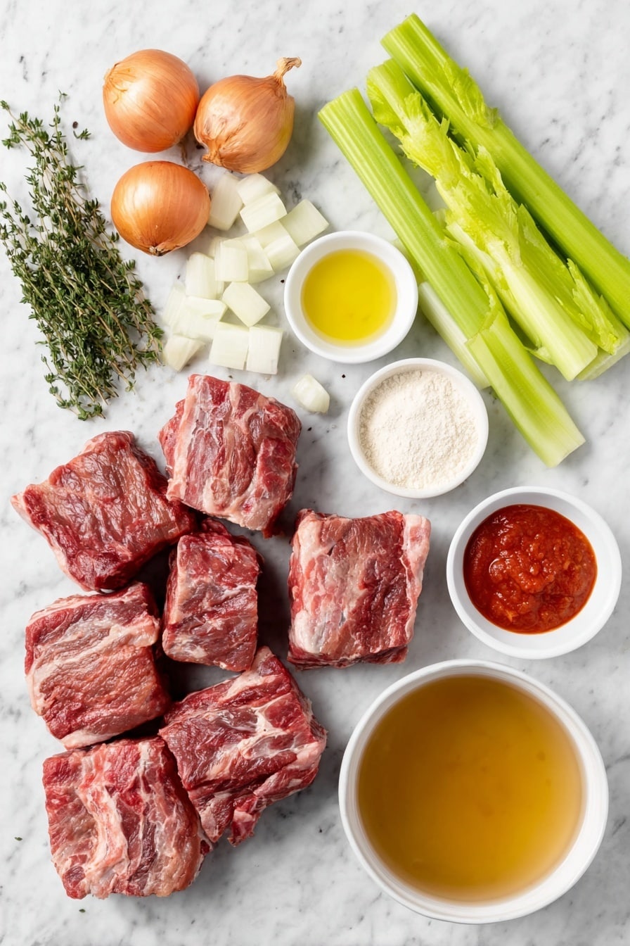 Flat lay of a small white ceramic bowl of golden olive oil, three whole uncracked garlic cloves, four fresh shallots with purplish-white skins, a simple white bowl filled with bright red peeled and diced tomatoes, a small white bowl with a deep red baharat spice blend, a tiny white bowl of sweet paprika powder, another tiny white bowl holding bright red cayenne pepper powder, a small white bowl of coarse salt, a small white bowl with light brown granulated sugar, a small white bowl of ground black pepper, a small white bowl with smooth red tomato paste, a white ceramic dish of plump cooked beige chickpeas, a fresh medium sweet potato cubed showing vibrant orange flesh, a small white bowl containing dried dark red barberries, a white bowl of ten glossy black Kalamata olives, a handful of pale sliced almonds scattered artfully, a small heap of fresh chopped green parsley, and a small white bowl filled with fluffy cooked couscous, all arranged symmetrically, placed on a clean white marble surface, soft natural light, photo taken with an iPhone, professional food photography style, fresh ingredients, white ceramic bowls, no bottles, no duplicates, no utensils, no packaging --ar 2:3 --v 7 --p m7354615311229779997 - Moroccan Chickpea Stew with Sweet Potatoes, hearty Moroccan chickpea stew, flavorful vegan stew, spicy sweet potato and chickpea recipe, healthy Moroccan vegetarian dish