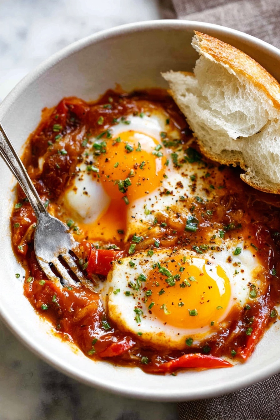 A white bowl holds two sunny-side-up eggs with bright yellow yolks and tender white edges, each sprinkled with small green herb pieces and black pepper. Beneath and around the eggs is a rich, thick red sauce with visible chunks of red peppers and tender meat. A piece of torn white bread is placed on the right side, partially dipped into the sauce. A silver fork lies at the front edge of the bowl, resting partly on the sauce. The bowl sits on a white marbled surface. Photo taken with an iphone --ar 2:3 --v 7 - Shakshuka with Spiced Tomato and Eggs, Middle Eastern breakfast dish, flavorful egg recipes, easy brunch ideas, tomato and egg skillet
