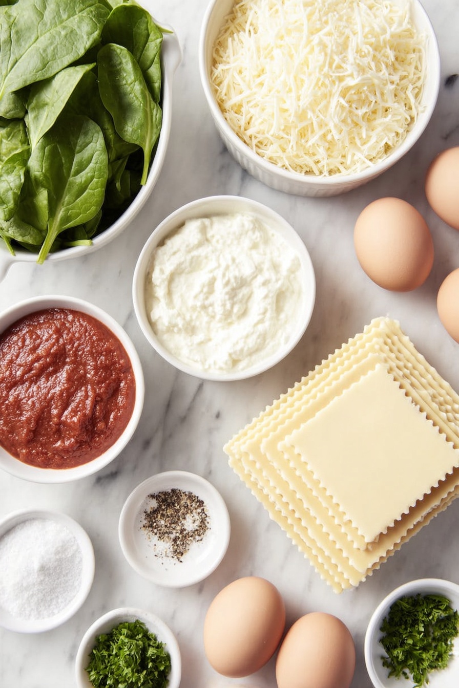 Flat lay of fresh bright green spinach leaves, a small white ceramic bowl with creamy white ricotta cheese, two whole uncracked brown eggs, a small white bowl filled with finely grated pale yellow Parmesan cheese, a small white bowl of shredded mozzarella cheese, a neat stack of uncooked flat rectangular lasagna noodles, a small white bowl with vibrant red marinara sauce, a small white bowl with dried Italian seasoning, a small white bowl containing coarse white salt, a small white bowl with cracked black pepper, and a small white bowl of chopped fresh green parsley, all arranged in perfect symmetry on a clean white marble surface, soft natural light, photo taken with an iPhone, professional food photography style, fresh ingredients, white ceramic bowls, no bottles, no duplicates, no utensils, no packaging --ar 2:3 --v 7 --p m7354615311229779997 - Creamy Spinach Lasagna, vegetarian lasagna with spinach, easy spinach lasagna, cheesy spinach lasagna, cozy lasagna recipes