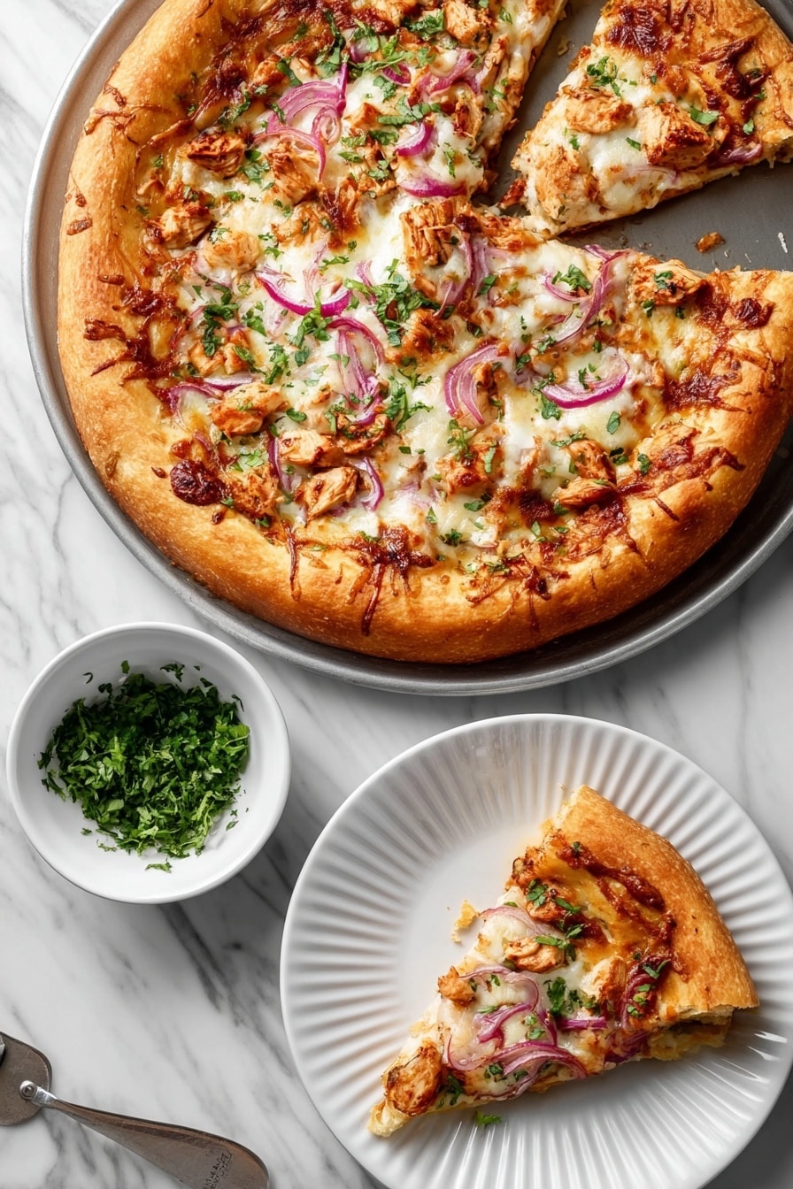 A pizza with a thick golden crust sits on a pizza pan, topped with melted white cheese, pieces of cooked chicken in a reddish sauce, thin purple onion slices, and sprinkled green herbs. One slice is taken out, and that slice is placed on a white plate with ridged edges nearby. Below the plate is a small bowl of chopped green herbs, all set on a white marbled surface. Photo taken with an iphone --ar 2:3 --v 7 - BBQ Chicken Pizza, BBQ Chicken Pizza Recipe, BBQ Chicken Pizza Toppings, How to Make BBQ Chicken Pizza, Easy BBQ Chicken Pizza