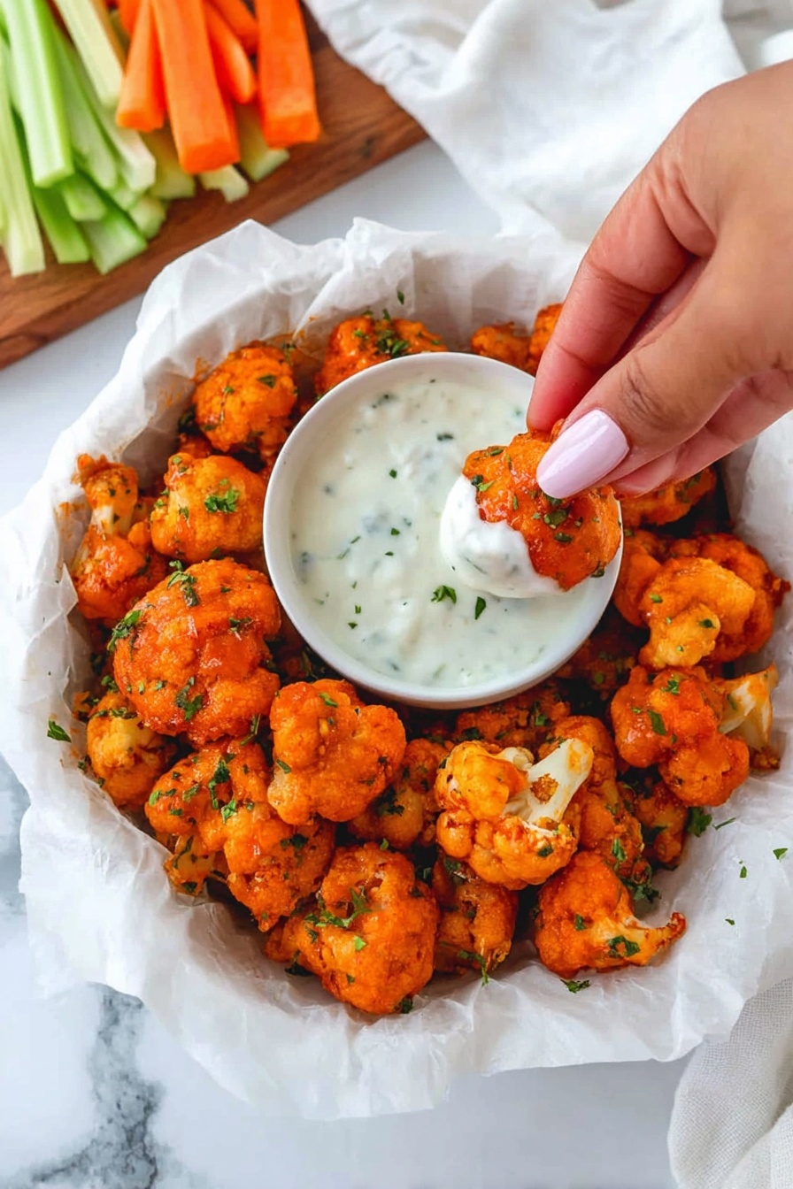 A white bowl lined with white parchment paper holds many bright orange cauliflower pieces covered in sauce and sprinkled with green herbs. In the center of the bowl is a small round white dish filled with creamy white dipping sauce with green herb bits. A woman's hand with pale pink nail polish is dipping one cauliflower piece into the sauce. In the background, there are cut celery and carrot sticks on a wooden surface, with a white cloth nearby, all set on a white marbled texture. photo taken with an iphone --ar 2:3 --v 7 - Spicy Buffalo Cauliflower Bites, buffalo cauliflower appetizer, spicy veggie snack, healthy buffalo cauliflower, crispy cauliflower bites