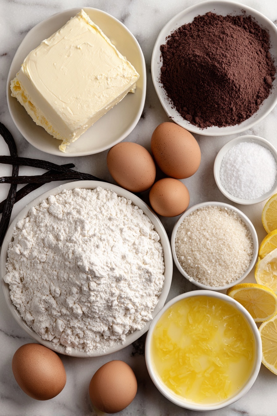 Flat lay of unsalted butter at room temperature in a small white ceramic bowl, kosher salt crystals in a tiny white bowl, powdered sugar in a small white bowl, almond flour in a small white bowl, a whole vanilla bean pod next to a small white bowl of vanilla extract, two whole large brown eggs with clean shells, a pile of unbleached all-purpose flour beside a small white bowl of granulated sugar, fresh Meyer lemon zest scattered beside three whole Meyer lemons sliced in half, a small white bowl filled with fresh squeezed Meyer lemon juice, three whole large egg yolks with smooth shells, three whole large egg whites in a simple white ceramic bowl, placed on a clean white marble surface, soft natural light, photo taken with an iPhone, professional food photography style, fresh ingredients, white ceramic bowls, no bottles, no duplicates, no utensils, no packaging --ar 2:3 --v 7 --p m7354615311229779997 - Meyer Lemon Tart, Meyer Lemon Tart Recipe, Lemon Tart Dessert, Elegant Lemon Tart, Easy Lemon Tart