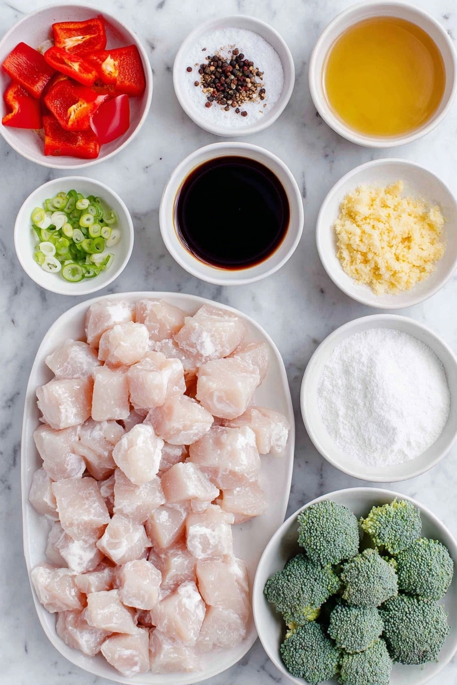 Flat lay of fresh raw chicken breasts cut into cubes, a small pile of coarse sea salt, a few twists of whole black peppercorns, a small white ceramic bowl of golden toasted sesame oil, minced fresh garlic cloves, freshly grated ginger root, chopped white parts of green onions arranged neatly, a small white bowl filled with dark soy sauce, a small white bowl holding light chicken broth, a small white bowl of clear rice vinegar, a small white bowl of golden honey, a small white bowl with white cornstarch powder, a small white bowl of clear water, a bright red bell pepper cut into chunks, and vibrant green broccoli florets all arranged symmetrically, placed on a clean white marble surface, soft natural light, photo taken with an iPhone, professional food photography style, fresh ingredients, white ceramic bowls, no bottles, no duplicates, no utensils, no packaging --ar 2:3 --v 7 --p m7354615311229779997 - Easy Teriyaki Chicken Bowl, teriyaki chicken bowl, healthy chicken dinner, quick stir-fry recipes, Asian-inspired chicken dishes