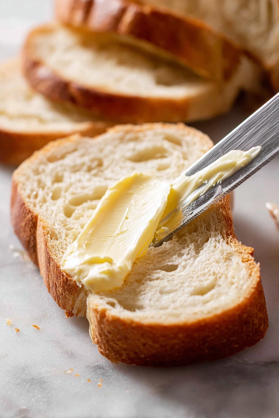 A close-up view of a thick slice of bread with a golden brown crust and a soft, light beige inside texture. A shiny silver knife is spreading a smooth layer of pale yellow butter on the bread's top surface, creating a glossy contrast. Behind it, there are more pieces of the same bread stacked slightly out of focus, all placed on a white marbled texture. photo taken with an iphone --ar 2:3 --v 7 - Easy No-Knead Artisan Yeast Bread, artisan bread recipe, no-knead bread, crusty bread at home, simple bread baking
