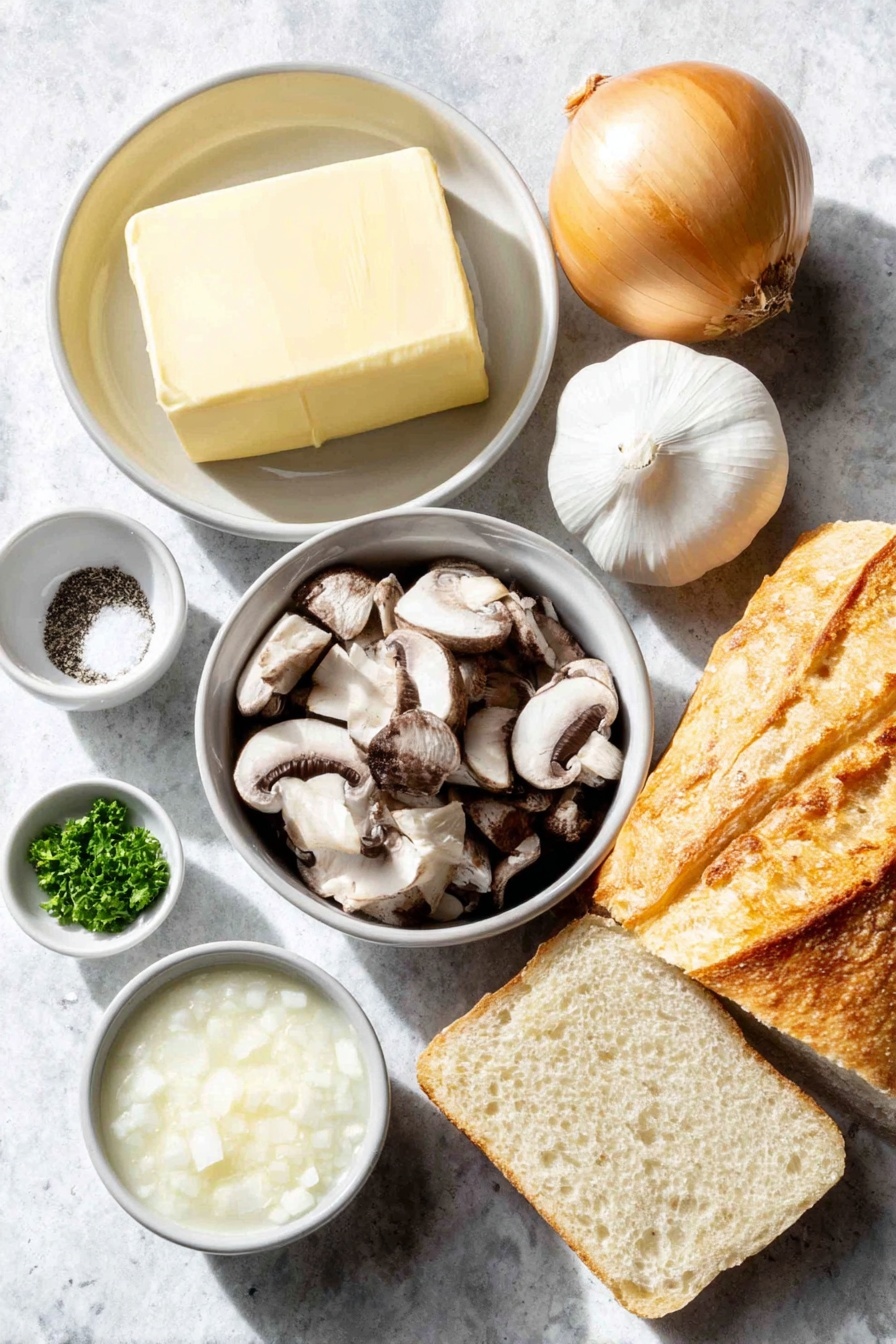 Flat lay of a small white ceramic bowl of unsalted butter, a whole yellow onion, two whole garlic cloves, fresh white mushrooms sliced, fresh Swiss Brown/Cremini mushrooms sliced, a small white ceramic bowl of vegetable stock, a small white ceramic bowl of salt, a small white ceramic bowl of black pepper, a small white ceramic bowl of crème fraiche, a few fresh green parsley sprigs, a few golden brown croutons, and rustic slices of fresh bread, all arranged with perfect symmetry and balanced proportions, placed on a clean white marble surface, soft natural light, photo taken with an iPhone, professional food photography style, fresh ingredients, white ceramic bowls, no bottles, no duplicates, no utensils, no packaging --ar 2:3 --v 7 --p m7354615311229779997 - Creamy Mushroom Soup, mushroom soup recipe, hearty mushroom soup, easy mushroom soup, cozy mushroom soup