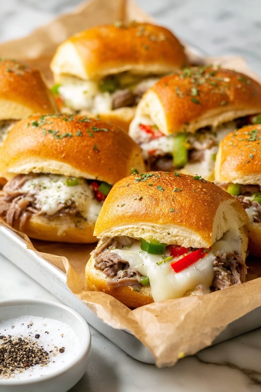 The image shows a tray filled with six soft, shiny sandwich rolls with a golden brown top sprinkled with green herbs. Each sandwich is layered with slices of tender meat, melted white cheese that stretches slightly, and small pieces of bright red and green peppers. The sandwiches rest on light brown parchment paper inside a white tray. In front of the tray is a white bowl with black pepper and white salt visible. The background and surface have a white marbled texture. photo taken with an iphone --ar 2:3 --v 7 - Easy Philly Cheesesteak Sliders, Philly Cheesesteak Sliders, Cheesesteak Sliders recipe, Hawaiian rolls cheesesteak, savory meat sliders