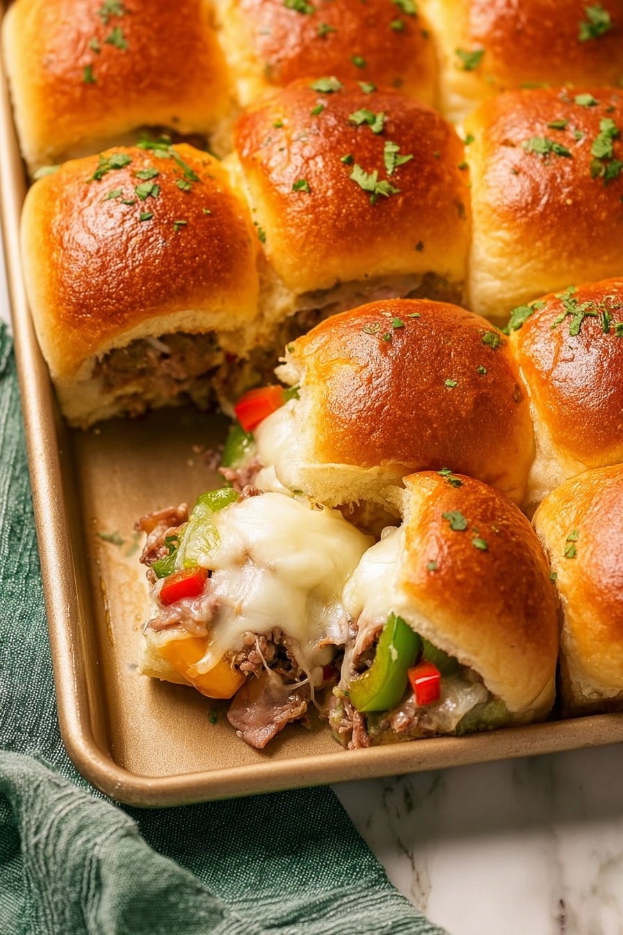 The image shows a tray filled with a circle of mini sandwiches made from shiny golden-brown buns, each topped with small chopped green herbs. Inside each sandwich, there are layers of melted white cheese covering thin slices of cooked meat, along with pieces of green and red bell peppers. One sandwich is slightly pulled apart, revealing the soft inside of the bun and the mix of cheese, meat, and peppers. The tray is set on a white marbled surface with a green cloth cloth nearby. Photo taken with an iphone --ar 2:3 --v 7 - Easy Philly Cheesesteak Sliders, Philly Cheesesteak Sliders, Cheesesteak Sliders recipe, Hawaiian rolls cheesesteak, savory meat sliders