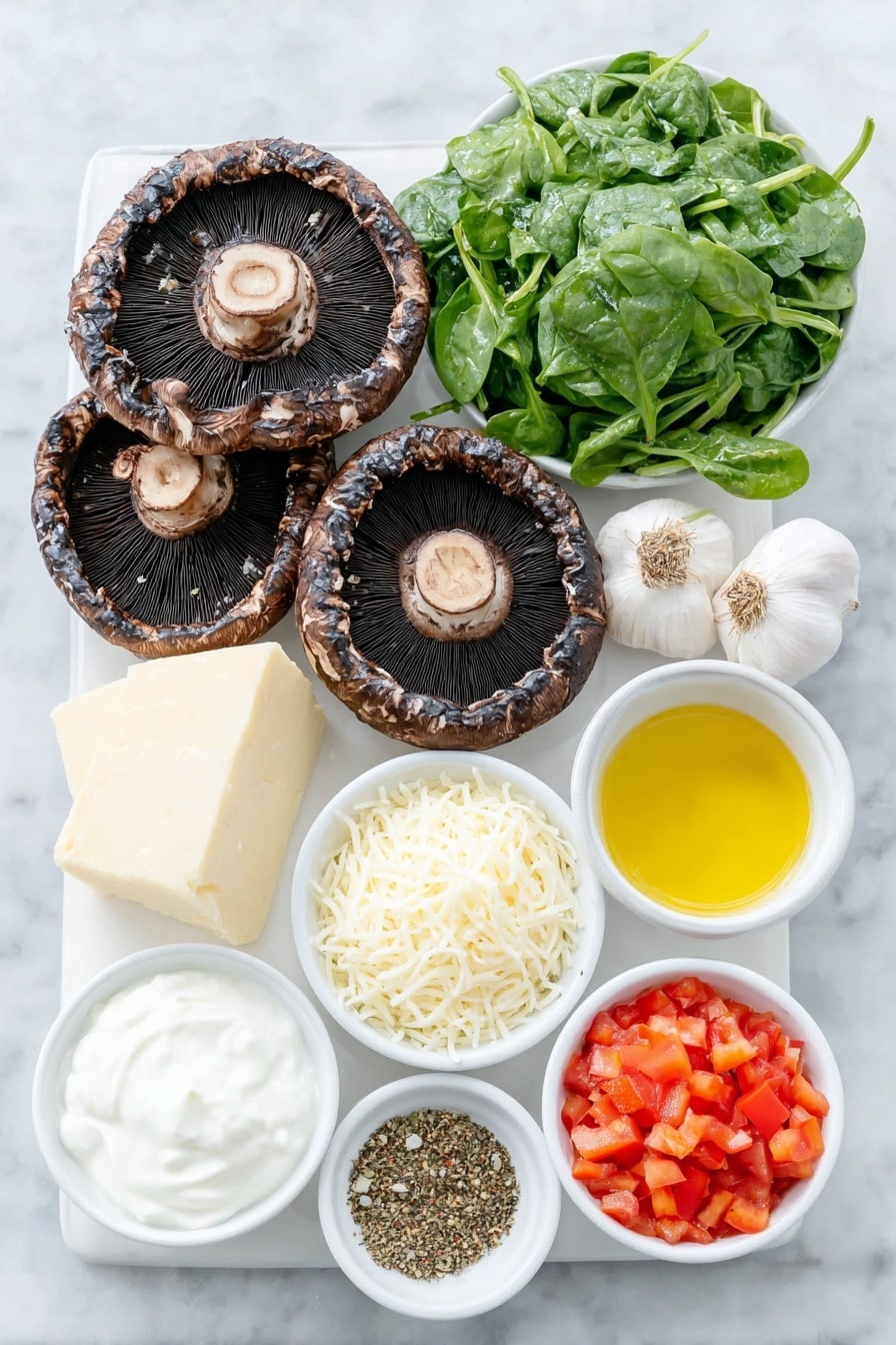 Flat lay of four large fresh portobello mushrooms with dark brown caps, a handful of vibrant green spinach leaves, a small pile of diced bright red bell pepper, diced deep purple-red onion, three whole garlic cloves with smooth white skins, a mound of finely shredded white mozzarella cheese, a wedge of creamy off-white cream cheese, a small heap of grated pale yellow parmesan cheese, a small white bowl filled with golden olive oil, another small white bowl holding thick white sour cream, a small white bowl with bright red diced tomatoes, a small white bowl containing light brown breadcrumbs, a small bunch of fresh curly green parsley, and a small white bowl with mixed dried Italian seasoning herbs and red pepper flakes, all arranged symmetrically on a simple clean white ceramic surface, placed on a clean white marble surface, soft natural light, photo taken with an iPhone, professional food photography style, fresh ingredients, white ceramic bowls, no bottles, no duplicates, no utensils, no packaging --ar 2:3 --v 7 --p m7354615311229779997 - Stuffed Portobello Mushrooms with Cheese and Veggies, vegetarian mushroom recipes, healthy stuffed mushroom ideas, cheesy veggie portobellos, easy vegetarian dinner
