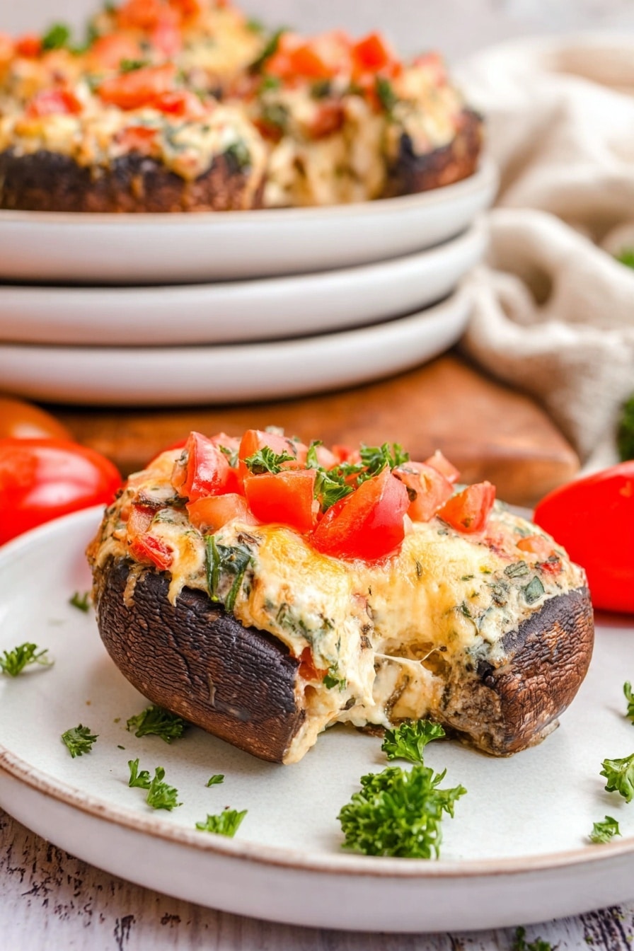 A close-up of a stuffed mushroom with three main layers: the bottom layer is a large, dark brown mushroom cap with a slightly wrinkled texture, the middle layer is a creamy white and light orange filling mixed with chopped tomatoes and green herbs, and the top layer is small, bright red tomato pieces scattered on the filling. The mushroom sits on a white plate with parsley garnish around it, stacked on three other white plates, resting on a wood surface with a white marbled background. Bright red cherry tomatoes are visible near the plates, and the lighting highlights the creamy texture and fresh ingredients. photo taken with an iphone --ar 2:3 --v 7 - Stuffed Portobello Mushrooms with Cheese and Veggies, vegetarian mushroom recipes, healthy stuffed mushroom ideas, cheesy veggie portobellos, easy vegetarian dinner