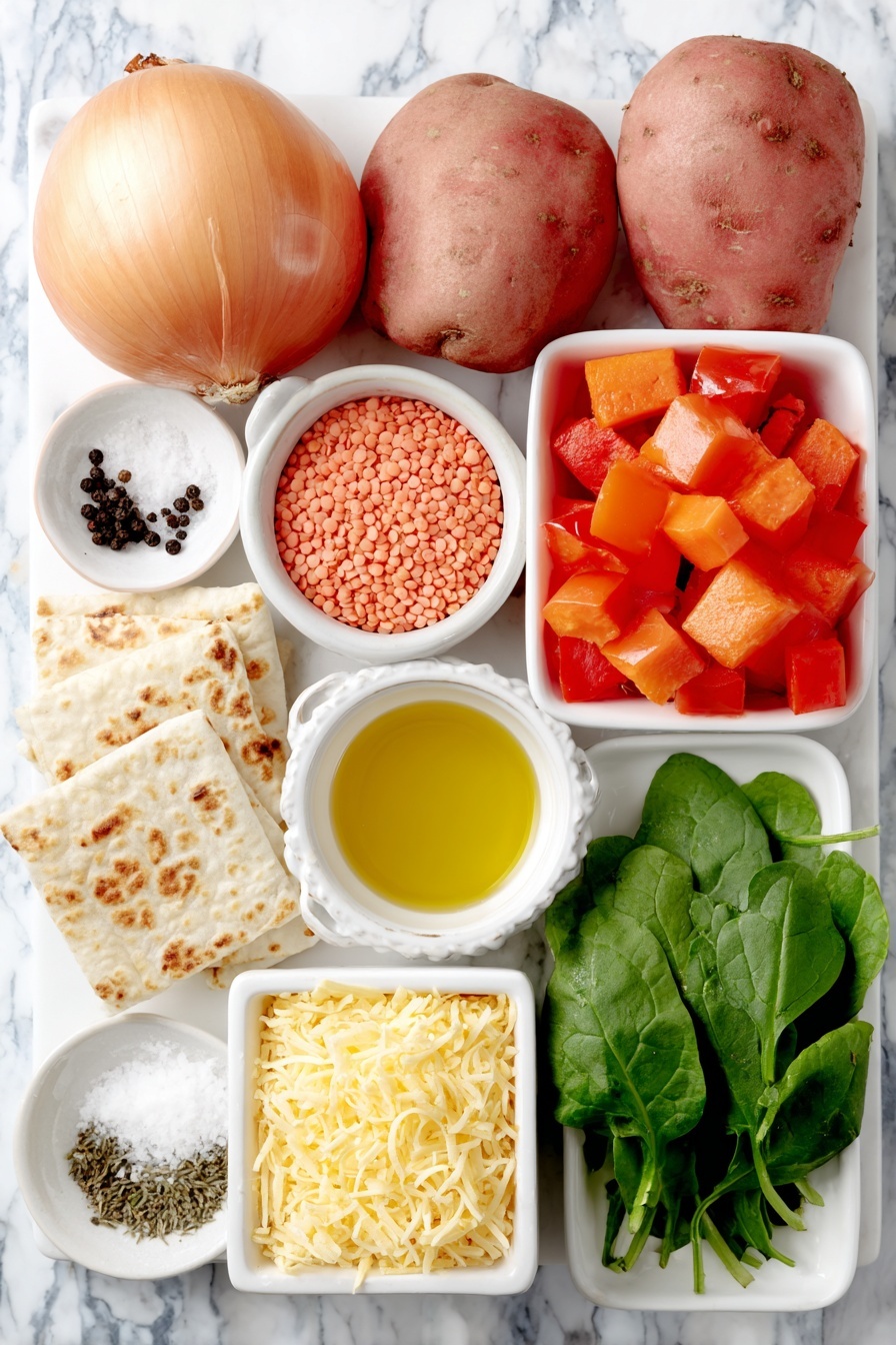 Flat lay of a peeled whole onion diced next to a whole red bell pepper deseeded and diced, three peeled whole carrots chopped, two medium peeled whole Maris Piper potatoes cubed, a small mound of dry red lentils, a small white ceramic bowl of golden olive oil, a small white ceramic bowl of coarse salt, a small white ceramic bowl of black peppercorns, a small white ceramic bowl of dried parsley flakes, a few fresh bright green baby spinach leaves, a small pile of grated yellow cheddar cheese, and a whole plain tortilla wrap beside thin wedge slices of toasted tortilla chips arranged neatly, all placed on a clean white marble surface, soft natural light, photo taken with an iPhone, professional food photography style, fresh ingredients, white ceramic bowls, no bottles, no duplicates, no utensils, no packaging --ar 2:3 --v 7 --p m7354615311229779997 - Slow Cooker Lentil Soup with Crispy Tortillas, hearty vegetarian soup, easy lentil soup recipe, comforting slow cooker dinner, healthy lentil meal