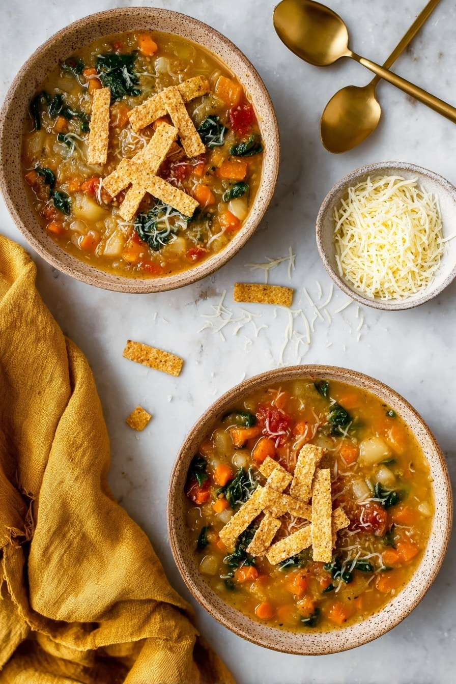 Two bowls of thick vegetable soup are placed on a white marbled surface with golden spoons nearby. The soup has a mix of orange, green, and red colors from diced carrots, spinach leaves, and tomatoes, with small chunks of potatoes visible inside. Each bowl is topped with golden-brown seasoned strips that look crispy and crunchy, lying across the soup’s surface. In the middle between the bowls, there is a small white bowl filled with shredded cheese, some cheese scattered next to it. A mustard yellow cloth is casually draped beside the bowls, adding a warm touch to the scene. photo taken with an iphone --ar 2:3 --v 7 - Slow Cooker Lentil Soup with Crispy Tortillas, hearty vegetarian soup, easy lentil soup recipe, comforting slow cooker dinner, healthy lentil meal