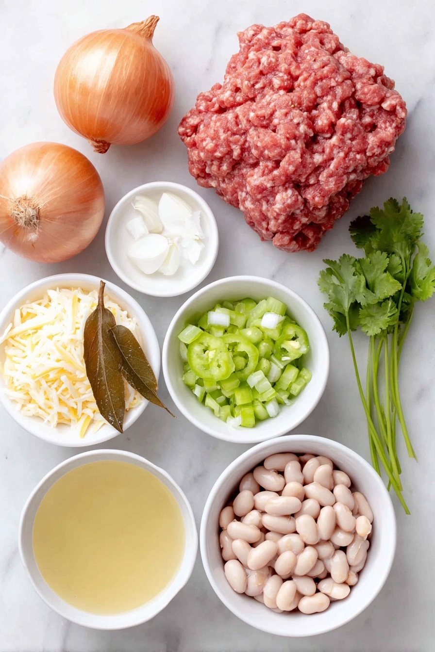 Flat lay of two whole small onions, five whole garlic cloves, a mound of raw ground turkey, a small white ceramic bowl filled with diced green chilies, a dried bay leaf, a small white bowl with mixed white cannellini and navy beans, a small white bowl with chicken broth, a small white bowl of sour cream, a handful of shredded Pepper Jack cheese, sliced fresh jalapeño rings, diced avocado pieces, a few sprigs of fresh cilantro, and chopped green scallions, all arranged symmetrically on a clean white marble surface, soft natural light, photo taken with an iPhone, professional food photography style, fresh ingredients, white ceramic bowls, no bottles, no duplicates, no utensils, no packaging --ar 2:3 --v 7 --p m7354615311229779997 - Creamy White Bean Turkey Chili, hearty turkey chili with white beans, healthy white bean turkey chili, comforting turkey chili recipes, easy white bean chili