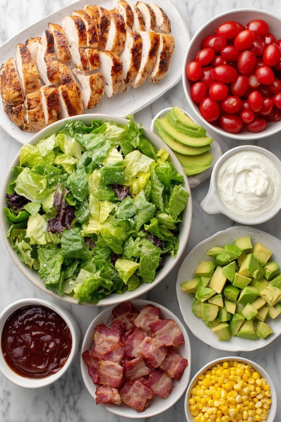 Flat lay of mixed salad greens in a simple white ceramic bowl, two boneless skinless cooked chicken breasts sliced and arranged on a white plate, a small white bowl of bright yellow corn kernels, four slices of cooked diced bacon on a small white dish, a small white bowl filled with halved cherry tomatoes, a small white bowl of rinsed black beans, diced ripe avocado pieces on a white plate, a small white bowl of creamy ranch dressing, a small white bowl of deep reddish-brown BBQ sauce, all placed on a clean white marble surface, soft natural light, photo taken with an iPhone, professional food photography style, fresh ingredients, white ceramic bowls, no bottles, no duplicates, no utensils, no packaging --ar 2:3 --v 7 --p m7354615311229779997 - BBQ Ranch Chicken Cobb Salad, Chicken Cobb Salad with BBQ and Ranch, Easy BBQ Chicken Salad, Chicken Salad recipes, Quick Dinner Salads