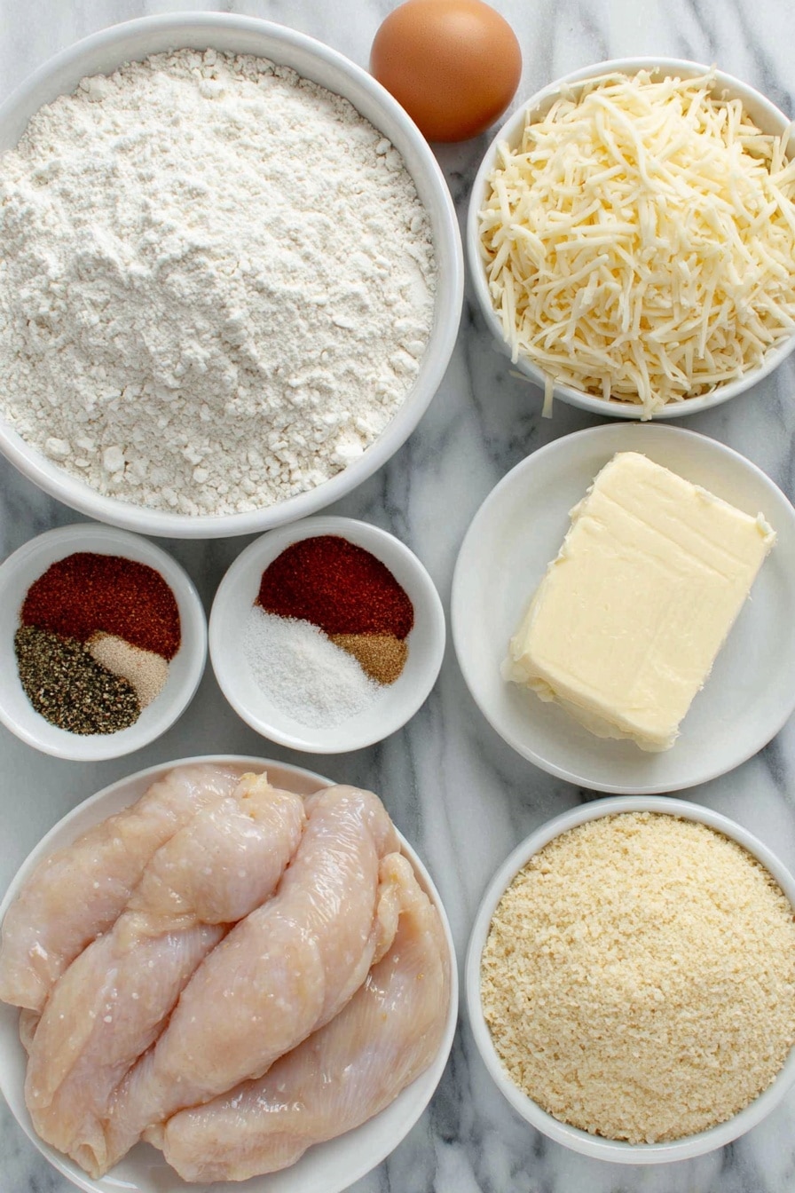 Flat lay of fresh raw chicken tenders, a small mound of white flour in a simple white ceramic bowl, panko breadcrumbs in another white bowl, a heaped tablespoon of butter on a clean white plate, a small white bowl filled with freshly grated pale yellow Parmesan cheese, one whole uncracked brown egg, a small white bowl with white milk, and a neat pile of mixed paprika, salt, onion powder, garlic powder, black pepper, and cayenne pepper spices arranged next to each other on a white plate, all placed on a clean white marble surface, soft natural light, photo taken with an iPhone, professional food photography style, fresh ingredients, white ceramic bowls, no bottles, no duplicates, no utensils, no packaging --ar 2:3 --v 7 --p m7354615311229779997 - Crispy Baked Chicken Tenders, crunchy chicken tenders, baked chicken fingers, easy chicken tender recipe, healthy chicken tenders