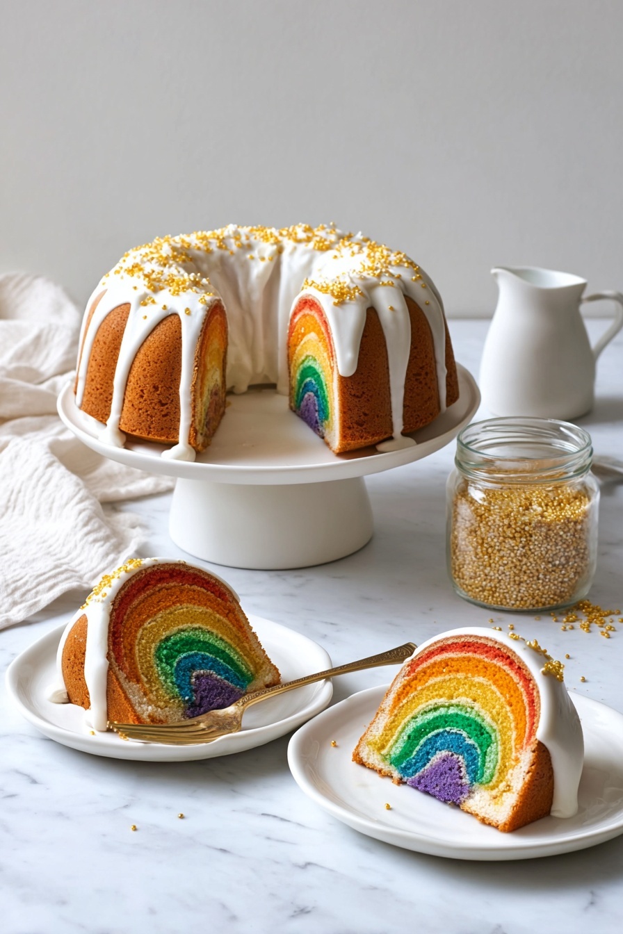 A round cake with a smooth light brown outside layer sits on a rose gold cooling rack. Inside, the cake has six colorful layers shaped like a rainbow, starting from the center with light purple, then blue, green, yellow, orange, and red reaching the edge. A slice showing the rainbow layers stands upright in front of the main cake. Both the cake and slice are on a white marbled surface with a soft grey background, photo taken with an iphone --ar 2:3 --v 7 - Rainbow Surprise Bundt Cake, vibrant rainbow cake, colorful bundt cake, celebration cake, easy rainbow cake