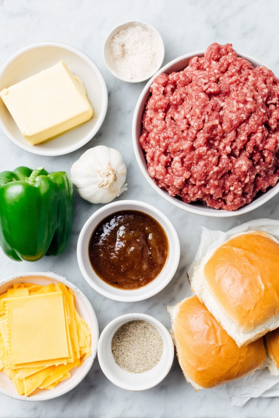 Flat lay of a small square of unsalted butter, a small white onion whole and unpeeled, a fresh green bell pepper whole and glossy, a portion of raw lean ground beef in a mound, a small white ceramic bowl filled with rich brown beef stock, a small white ceramic bowl with bright red ketchup, a small white ceramic bowl holding dark Worcestershire sauce, loose garlic cloves next to a small pile of pale garlic powder, a small pile of coarse kosher salt crystals, a small pile of cracked black peppercorns, twelve slices of creamy white provolone cheese stacked neatly, two golden shiny brioche buns whole and uncut, all ingredients arranged with perfect symmetry in simple white ceramic bowls or displayed fresh and natural, placed on a clean white marble surface, soft natural light, photo taken with an iPhone, professional food photography style, fresh ingredients, white ceramic bowls, no bottles, no duplicates, no utensils, no packaging --ar 2:3 --v 7 --p m7354615311229779997 - Philly Cheesesteak Sloppy Joes, Philly Cheesesteak Sloppy Joes recipe, easy Philly cheesesteak sloppy joe, cheesy Philadelphia sandwich, homemade sloppy joe