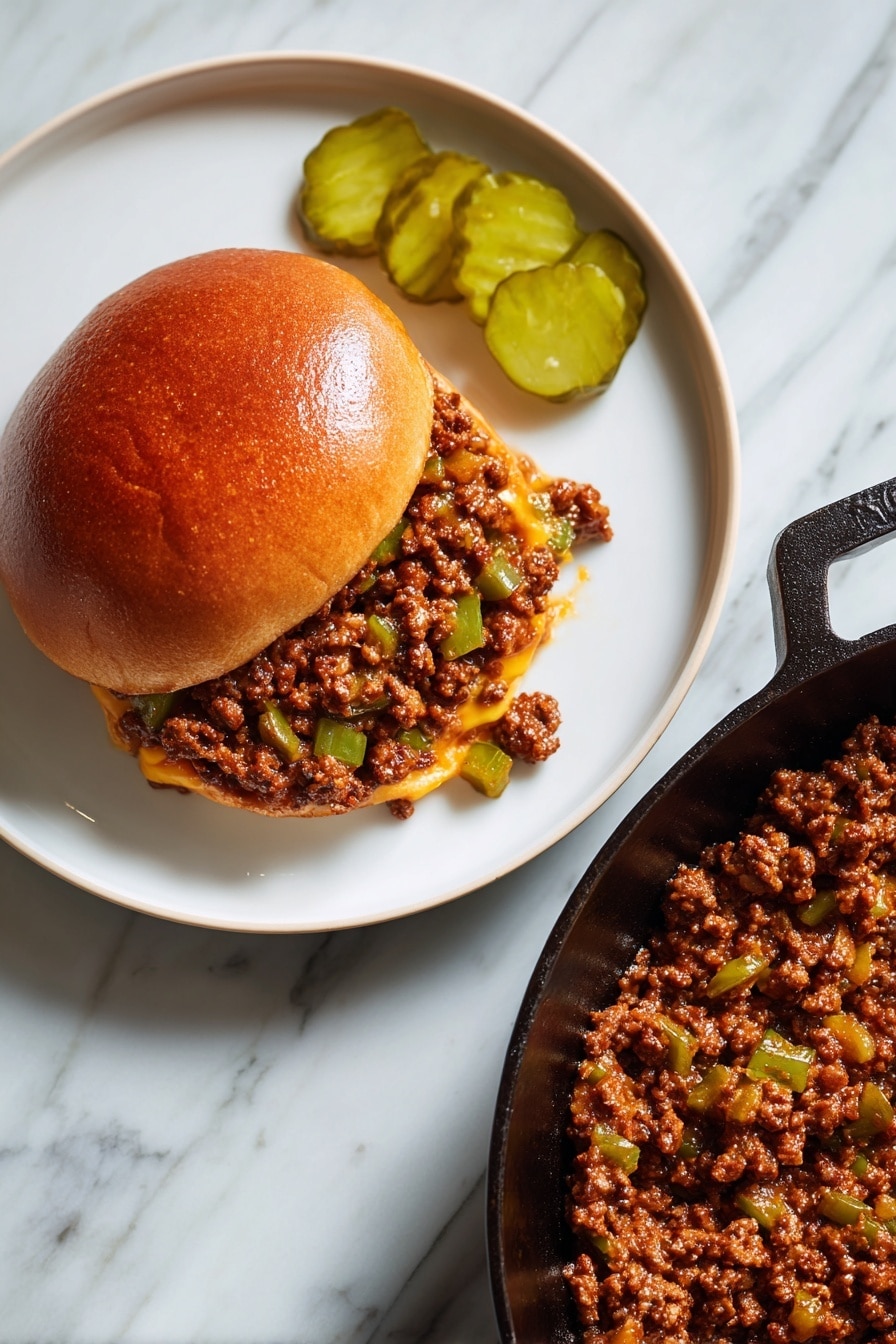 A sandwich sits on a white plate, showing a shiny, golden brown top bun that covers a thick layer of cooked ground meat mixed with small pieces of green peppers and onions. Beneath the meat layer is melted cheese that peeks out slightly from under the sandwich. On the plate next to the sandwich, there are three slices of bright green pickles. To the right of the plate, a black cast iron skillet holds more cooked ground meat mixed with diced green peppers and onions, all cooked to a rich brown color. The whole setup rests on a white marbled surface. photo taken with an iphone --ar 2:3 --v 7 - Philly Cheesesteak Sloppy Joes, Philly Cheesesteak Sloppy Joes recipe, easy Philly cheesesteak sloppy joe, cheesy Philadelphia sandwich, homemade sloppy joe