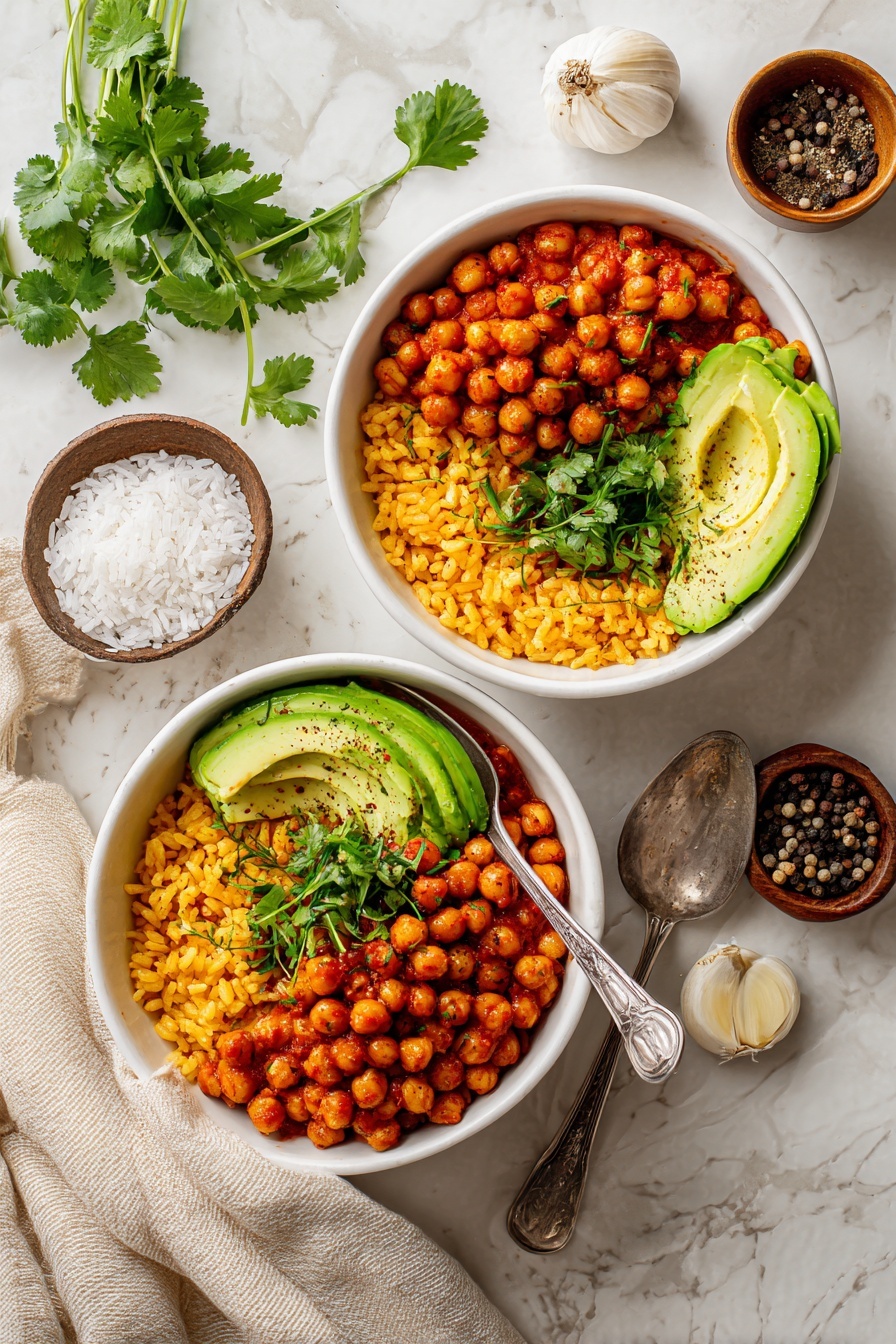 Two white bowls are filled with two main layers: the bottom layer is orange-yellow rice with small green herbs mixed in, and the top layer is red-orange chickpeas. Each bowl is topped with four thin avocado slices that are light green with a sprinkle of black pepper, and a small bunch of fresh green cilantro leaves placed beside the avocado. A silver spoon rests inside each bowl, slightly sinking into the chickpeas. Around the bowls are small containers with garlic cloves, white rice with a dark wooden spoon, and mixed peppercorns, all placed on a white marbled surface with a beige cloth nearby. photo taken with an iphone --ar 2:3 --v 7 - Puerto Rican Chickpeas in Sofrito with Rice, Puerto Rican chickpeas recipe, sofrito chickpeas and rice, Puerto Rican vegetarian dishes, flavorful Caribbean chickpeas