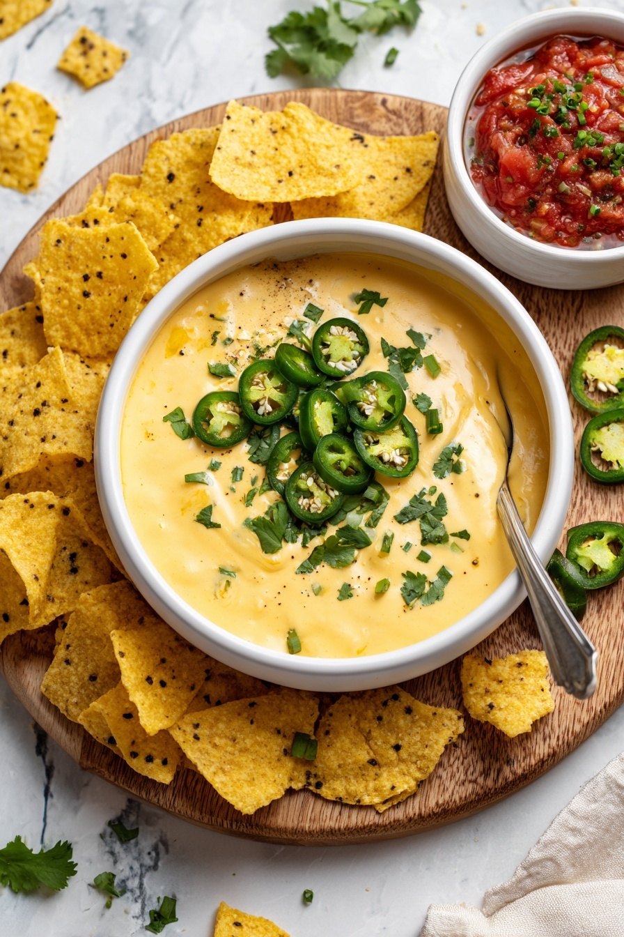 A white bowl filled with thick, smooth, creamy yellow cheese dip topped with sliced green jalapeños, chopped green onions, and fresh cilantro leaves scattered over the surface. A spoon rests inside the bowl, partially covered by the dip. The bowl sits on a wooden round board surrounded by yellow tortilla chips with visible black seeds, some placed under and around the bowl. To the top right of the board, there is a small white bowl filled with chunky red salsa, with some cilantro sprigs nearby. The whole setup is on a white marbled surface with a few broken pieces of tortilla chips scattered around. Photo taken with an iphone --ar 2:3 --v 7 - Vegan Butternut Squash Queso with Jalapeño, vegan cheese dip, dairy-free queso recipe, spicy vegan dip, roasted butternut squash dip