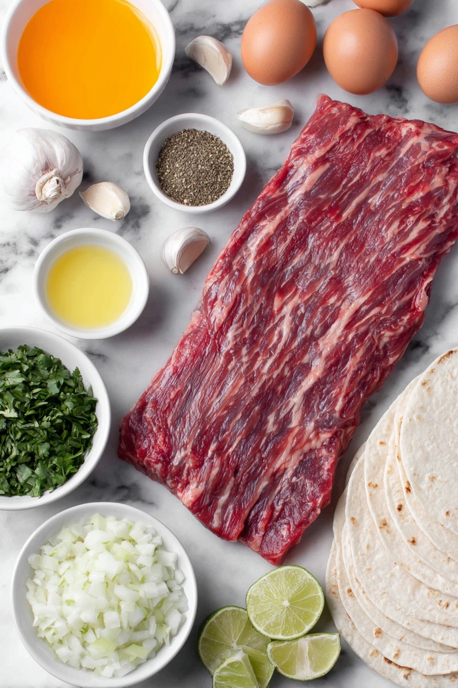 Flat lay of a fresh skirt steak, a small pile of whole uncracked brown eggs, a small white ceramic bowl of vibrant green chopped cilantro, a small white ceramic bowl filled with bright orange fresh orange juice, a small white ceramic bowl with pale yellow olive oil, a small white ceramic bowl of fresh lime juice with visible lime zest, a fresh whole habanero pepper beside a small white ceramic bowl of cayenne powder, several whole unpeeled garlic cloves, dried oregano and ground cumin in small white ceramic bowls, a stack of soft white corn tortillas, chopped white onions in a small white ceramic bowl, and several lime wedges arranged symmetrically, placed on a clean white marble surface, soft natural light, photo taken with an iPhone, professional food photography style, fresh ingredients, white ceramic bowls, no bottles, no duplicates, no utensils, no packaging --ar 2:3 --v 7 --p m7354615311229779997 - Marinated Mojo Steak Tacos, flavorful steak tacos, quick guacamole recipe, citrus marinade steak, easy taco dinner ideas