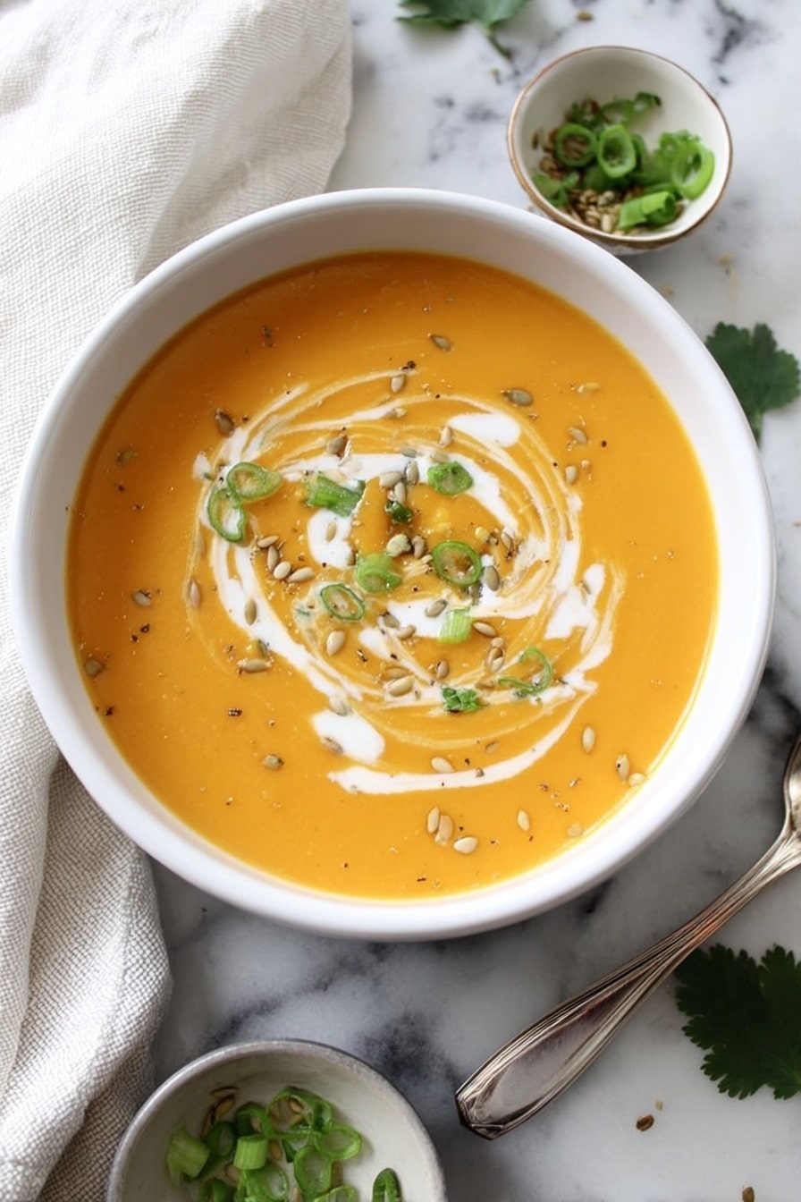 A white bowl filled with smooth orange soup, topped with a swirl of white cream, small green onion pieces, and sprinkled light seeds. The bowl is placed on a white marbled surface with a white cloth nearby and some green leaves scattered around. A spoon and a small bowl with green onion pieces are also visible near the bowl. The overall look is clean and fresh with a soft natural light. photo taken with an iphone --ar 2:3 --v 7 - Ginger Sweet Potato Soup, healthy sweet potato soup, cozy ginger soup, vegan sweet potato soup, comforting ginger soup