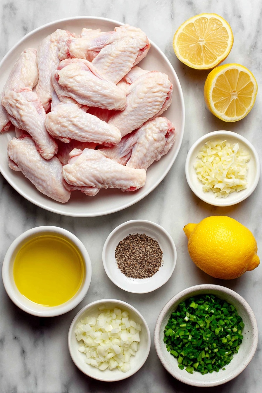 Flat lay of four pounds of raw chicken wings with pale pink skin, a small white bowl of golden olive oil, a small white bowl of freshly squeezed lemon juice, a whole fresh lemon with bright yellow rind and a small pile of lemon zest beside it, a small white bowl filled with diced raw garlic cloves, a small white bowl of coarse kosher salt crystals, a small white bowl of freshly ground black pepper, several lemon wedges with juicy pulp, and a small bunch of finely diced scallion greens arranged neatly, all placed on a clean white marble surface, soft natural light, photo taken with an iPhone, professional food photography style, fresh ingredients, white ceramic bowls, no bottles, no duplicates, no utensils, no packaging --ar 2:3 --v 7 --p m7354615311229779997 - Lemon Garlic Chicken Wings, crispy lemon garlic wings, zesty chicken wing recipe, easy chicken wing appetizer, flavorful chicken wings