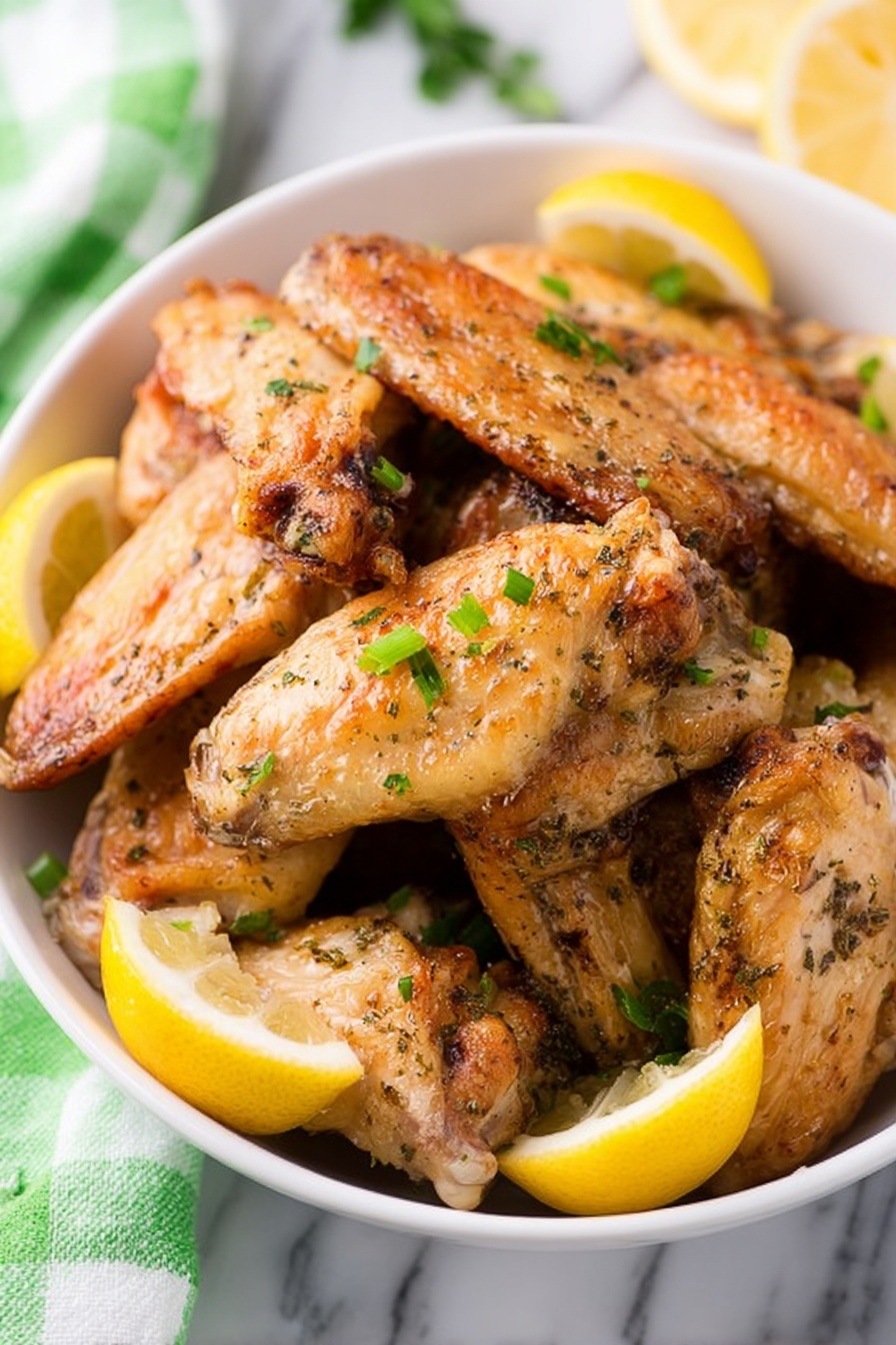 A white bowl is filled with several golden brown chicken wings that have a slightly crispy texture. The wings are layered unevenly, with some pieces lying flat and others resting on top, showing varying shades of cooked skin from light brown to a deeper toasted color. Scattered on the wings are small pieces of chopped green herbs adding a fresh touch. Lemon wedges with bright yellow skin and pale yellow flesh are inserted between the wings around the bowl, adding contrast and a pop of color. The bowl sits on a white marbled surface with a green and white checkered cloth partially visible on the side. Photo taken with an iphone --ar 2:3 --v 7 - Lemon Garlic Chicken Wings, crispy lemon garlic wings, zesty chicken wing recipe, easy chicken wing appetizer, flavorful chicken wings