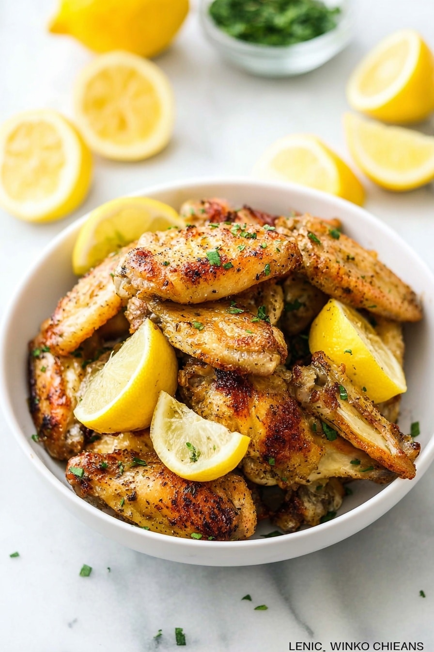 A white bowl filled with about two layers of golden-brown chicken wings, showing crispy skin and light seasoning. Scattered on top and nestled between the wings are several bright yellow lemon wedges with fresh green herbs sprinkled over everything. In the background, more lemon wedges are placed on a white marbled surface, and a small clear bowl with green herbs is slightly blurred. The colors are warm and fresh, highlighting the mix of crispy brown wings and vibrant lemon slices. Photo taken with an iphone --ar 2:3 --v 7 - Lemon Garlic Chicken Wings, crispy lemon garlic wings, zesty chicken wing recipe, easy chicken wing appetizer, flavorful chicken wings