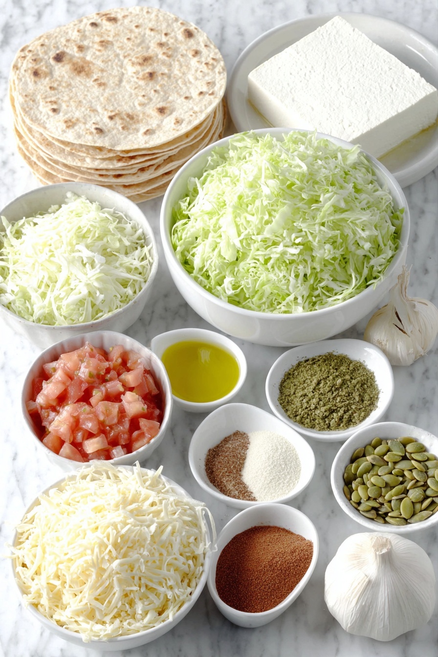Flat lay of a heaping cup of roasted green Hatch chiles, a large cubanelle pepper, a medium white onion chopped into small pieces, a large bowl of thinly chopped fresh green cabbage, a large white ceramic bowl heaped with shredded zucchini, a block of firm white tofu with a clean surface, five soft whole corn tortillas stacked neatly, a small white bowl filled with bright red diced tomatoes, small white bowls holding golden olive oil, deep reddish-brown chipotle chili powder, whole golden cumin seeds, pale brown cinnamon powder, dark red dry red wine, clear vinegar, a pinch of reddish salt, a garlic clove unpeeled and natural, a small white bowl of toasted green pumpkin seeds, and a small white bowl of shredded Mexican cheese blend—all arranged with perfect symmetry and realistic proportions on a clean white marble surface, soft natural light, photo taken with an iPhone, professional food photography style, fresh ingredients, white ceramic bowls, no bottles, no duplicates, no utensils, no packaging --ar 2:3 --v 7 --p m7354615311229779997 - Vegetarian Hatch Chile Enchiladas, Hatch Chile Enchiladas, Vegetarian Enchiladas with Hatch Chiles, Spicy Hatch Chile Vegetarian Dinner, Easy Vegetarian Hatch Chile Recipes