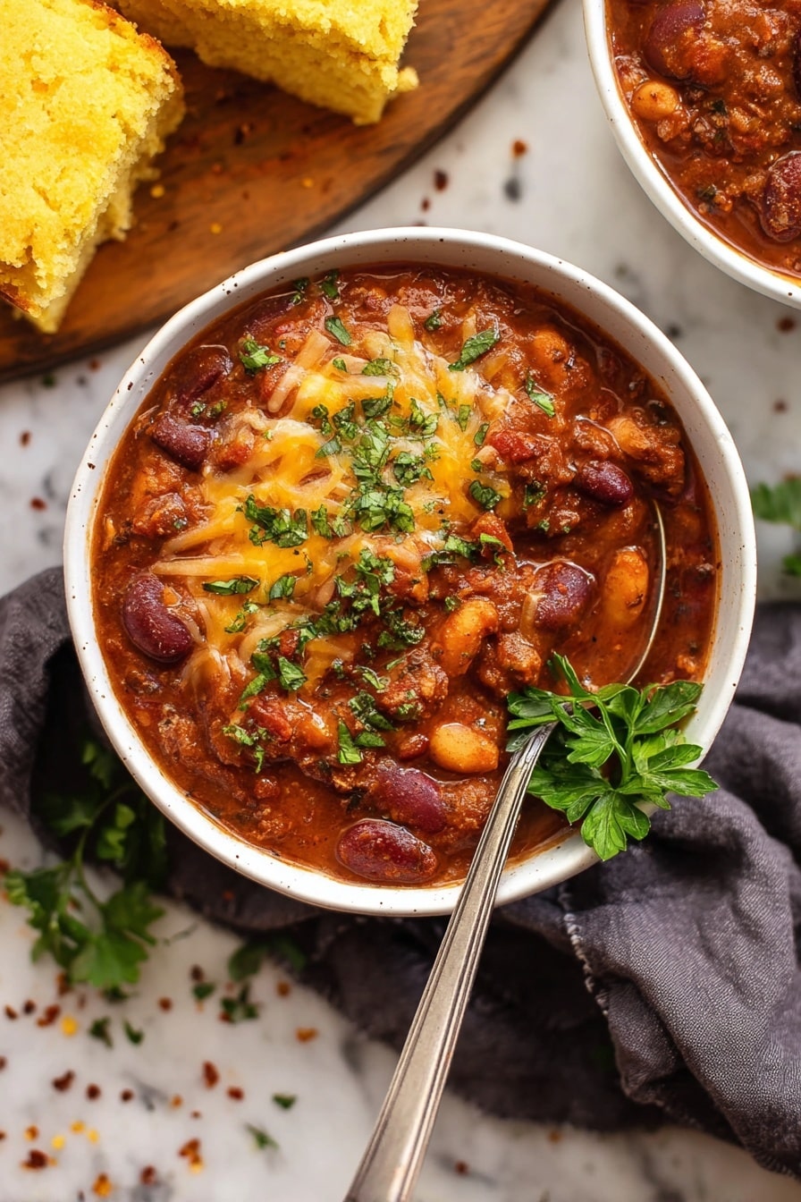 A white bowl filled with thick chili showing three main layers: the base is a rich, reddish-brown stew with visible pieces of kidney beans and white beans, small chunks of meat, and bits of tomato, topped with melted light yellow cheese covering part of the chili, sprinkled generously with chopped fresh green herbs, and garnished with a sprig of bright green parsley on the side. A silver spoon rests inside the bowl on a dark grey cloth beside it. In the background, pieces of yellow cornbread sit on a wooden board, all set on a white marbled surface scattered with small pieces of herbs and crushed red flakes. Photo taken with an iphone --ar 2:3 --v 7 - Hearty Beef Chili, easy beef chili recipe, hearty chili dinner, comforting beef chili, flavorful chili ideas