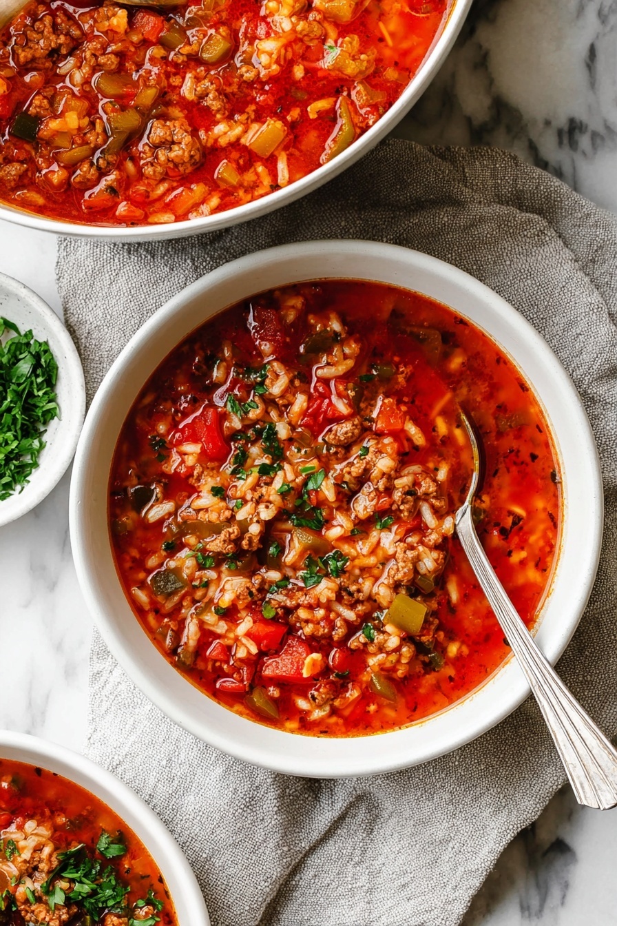 A white pot filled with a thick, reddish-orange stew showing different layers of cooked rice, small pieces of red and yellow bell peppers, minced meat, and chopped green herbs scattered on top. The stew has a rich, textured surface with visible chunks of ingredients mixed evenly, giving a hearty and colorful look. A silver spoon rests inside the pot, partly submerged in the stew. In the background, a small white bowl contains chopped green herbs, and the whole scene is set on a white marbled surface with a grey cloth nearby. photo taken with an iphone --ar 2:3 --v 7 - Stuffed Pepper Soup, Stuffed Pepper Soup with Rice, Easy Stuffed Pepper Soup, Hearty Stuffed Pepper Soup Recipe, Comforting Soup Recipes