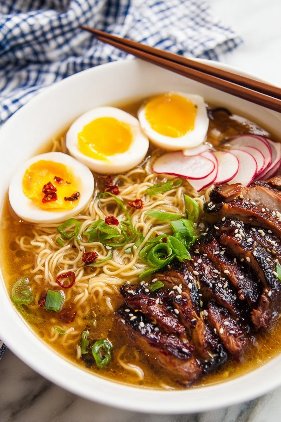 A white bowl filled with light brown broth holds several layers: at the bottom, yellow ramen noodles spread across; to one side, dark brown sliced meat with a shiny glaze and white sesame seeds on top; next to the meat, two halves of a soft-boiled egg with a bright yellow yolk and brown edges; thin pink and white radish slices lay near the eggs; fresh green chopped scallions sit on top near the eggs; dark mushrooms are placed near the noodles; a pair of wooden chopsticks rests on the bowl’s edge; the whole scene is set on a white marbled surface with a blue and white checkered cloth underneath, photo taken with an iphone --ar 2:3 --v 7 - Homemade Chicken Ramen Soup, chicken ramen recipe, easy ramen soup, comforting ramen bowl, homemade noodle soup