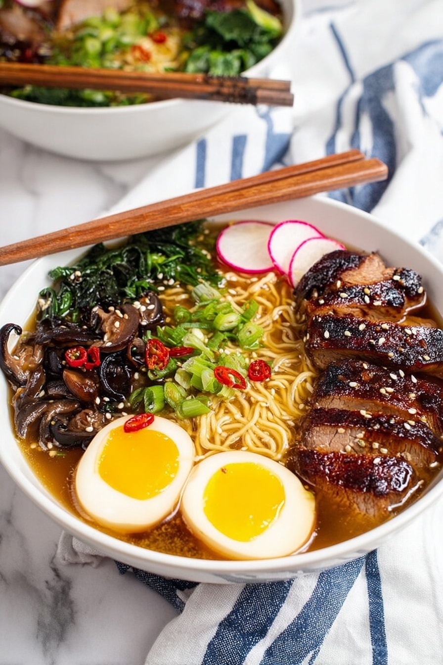 A white bowl filled with ramen noodles sitting in light brown broth is topped with several layers: tender, dark brown grilled chicken slices on the right side sprinkled with white sesame seeds; two halves of a soft-boiled egg with golden yellow yolks and light brown outer edges placed near the center; thin, round, pink and white radish slices in front of the eggs; a pile of bright green chopped scallions on the left near some dark green leafy vegetables; and sautéed dark brown mushrooms sprinkled with red chili flakes on the bottom left. A pair of brown chopsticks rests on the bowl’s right edge, and the bowl is set on a white marbled textured surface with a blue and white checkered cloth underneath. In the blurred background, a second bowl with similar contents and a small white bowl with toppings are visible. Photo taken with an iphone --ar 2:3 --v 7 - Homemade Chicken Ramen Soup, chicken ramen recipe, easy ramen soup, comforting ramen bowl, homemade noodle soup